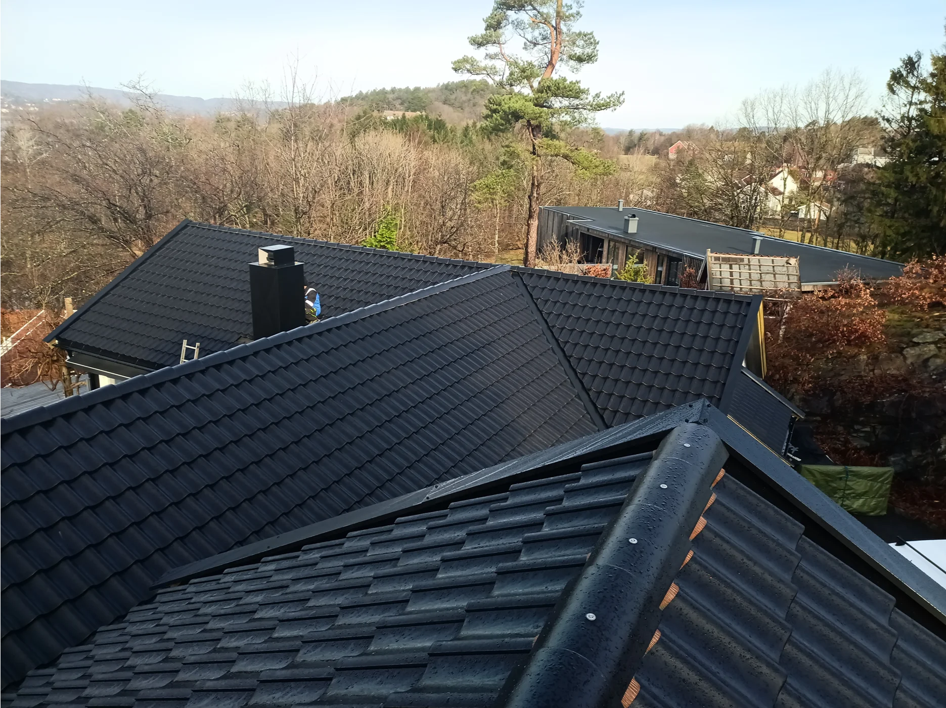 Modern residential roof with landscape background