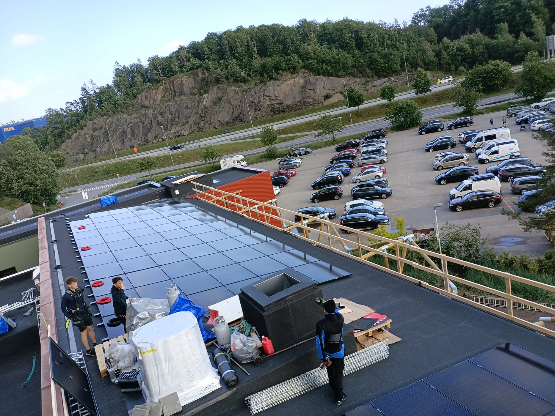 Solar panel installation on commercial rooftop