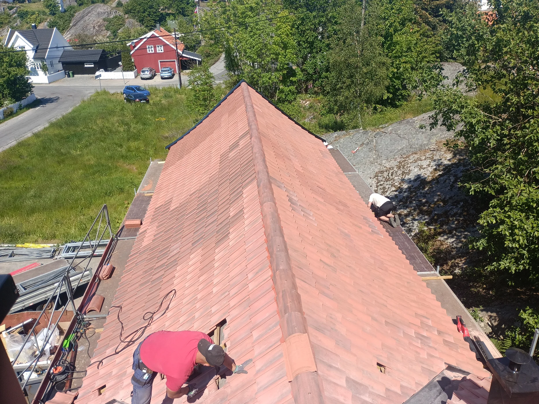 Aerial view of roof renovation work