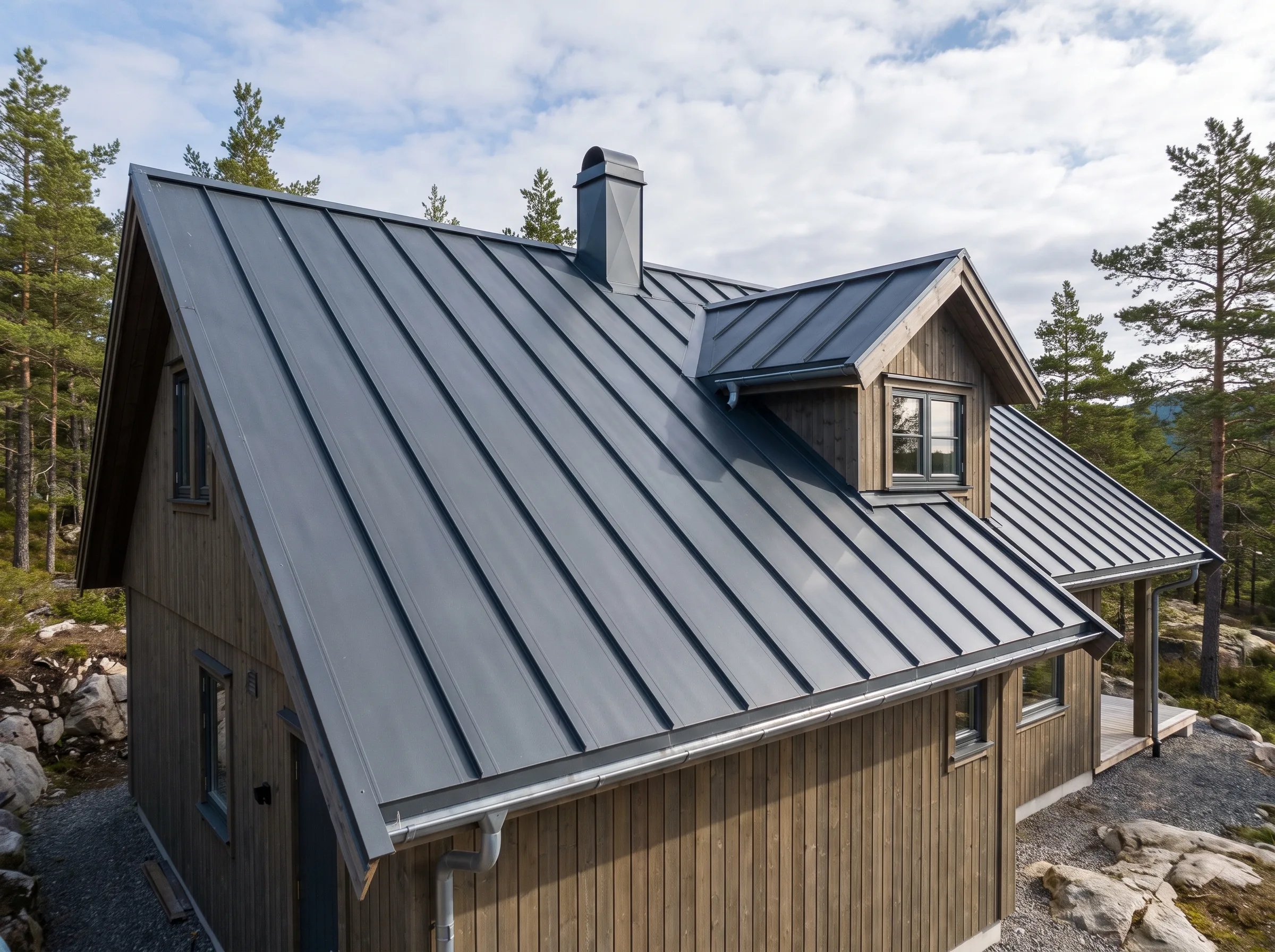 Skråtak med ståltak på hytte i naturskjønt område