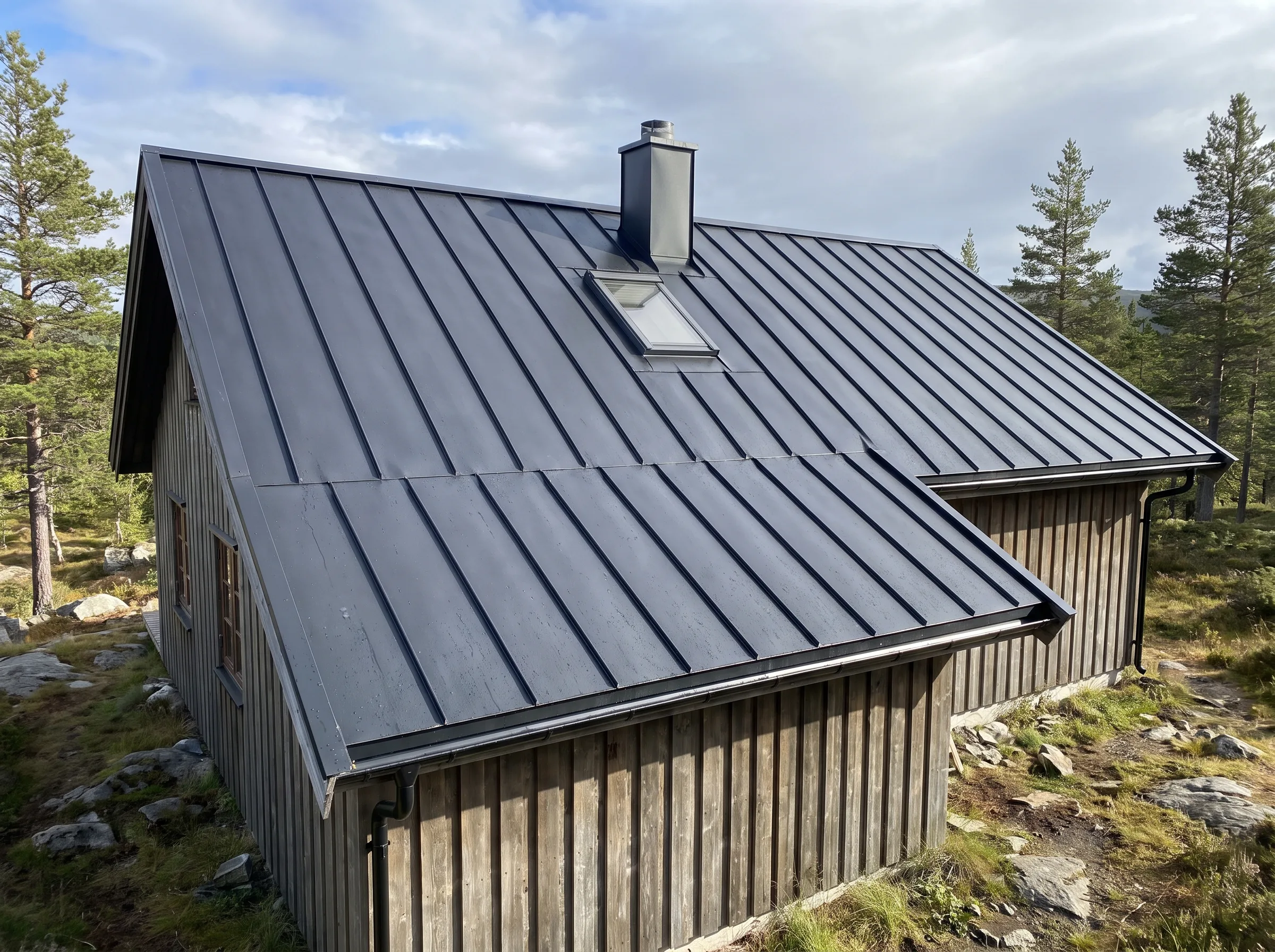 Montering av ståltak på hytte med vindu og pipe