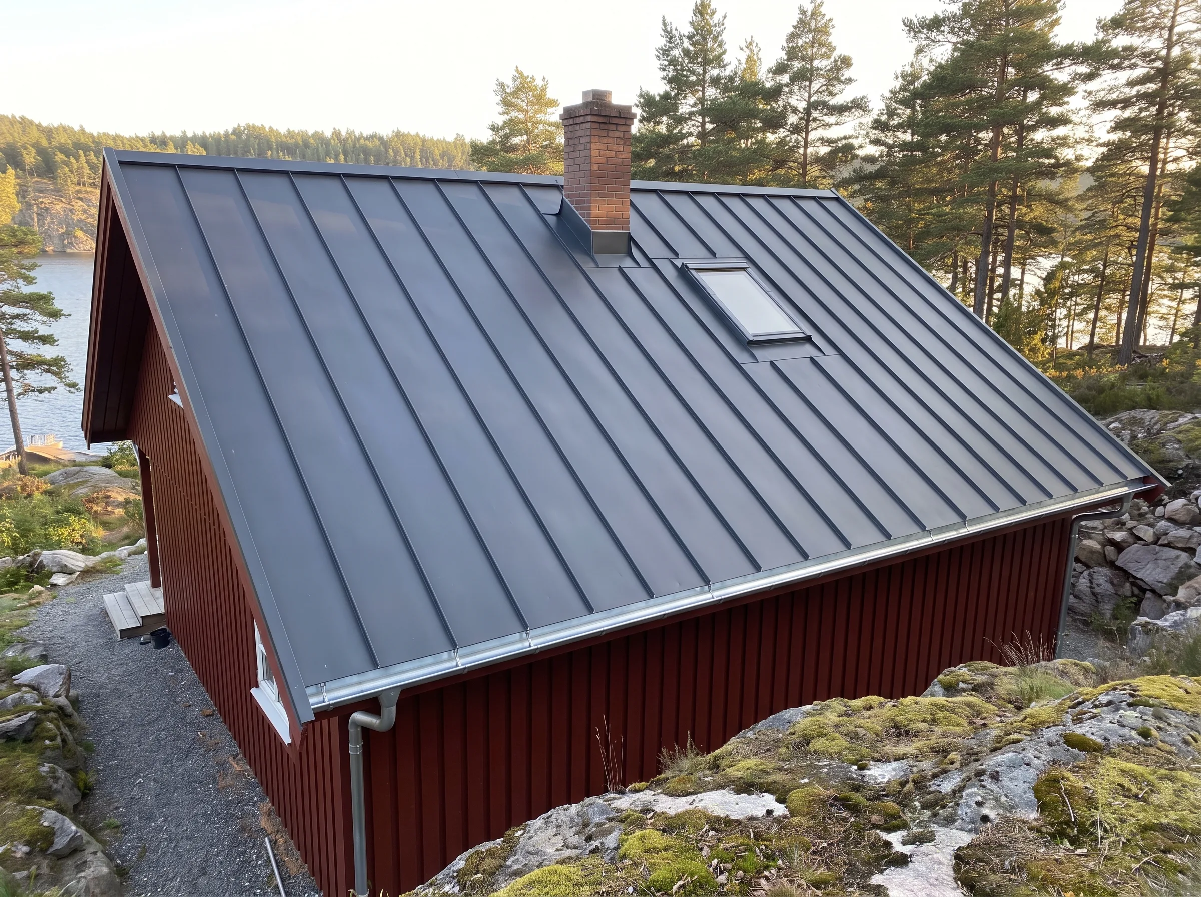 Flatt tak med ståltaktekking på en rød hytte med lyskuppel og skorstein