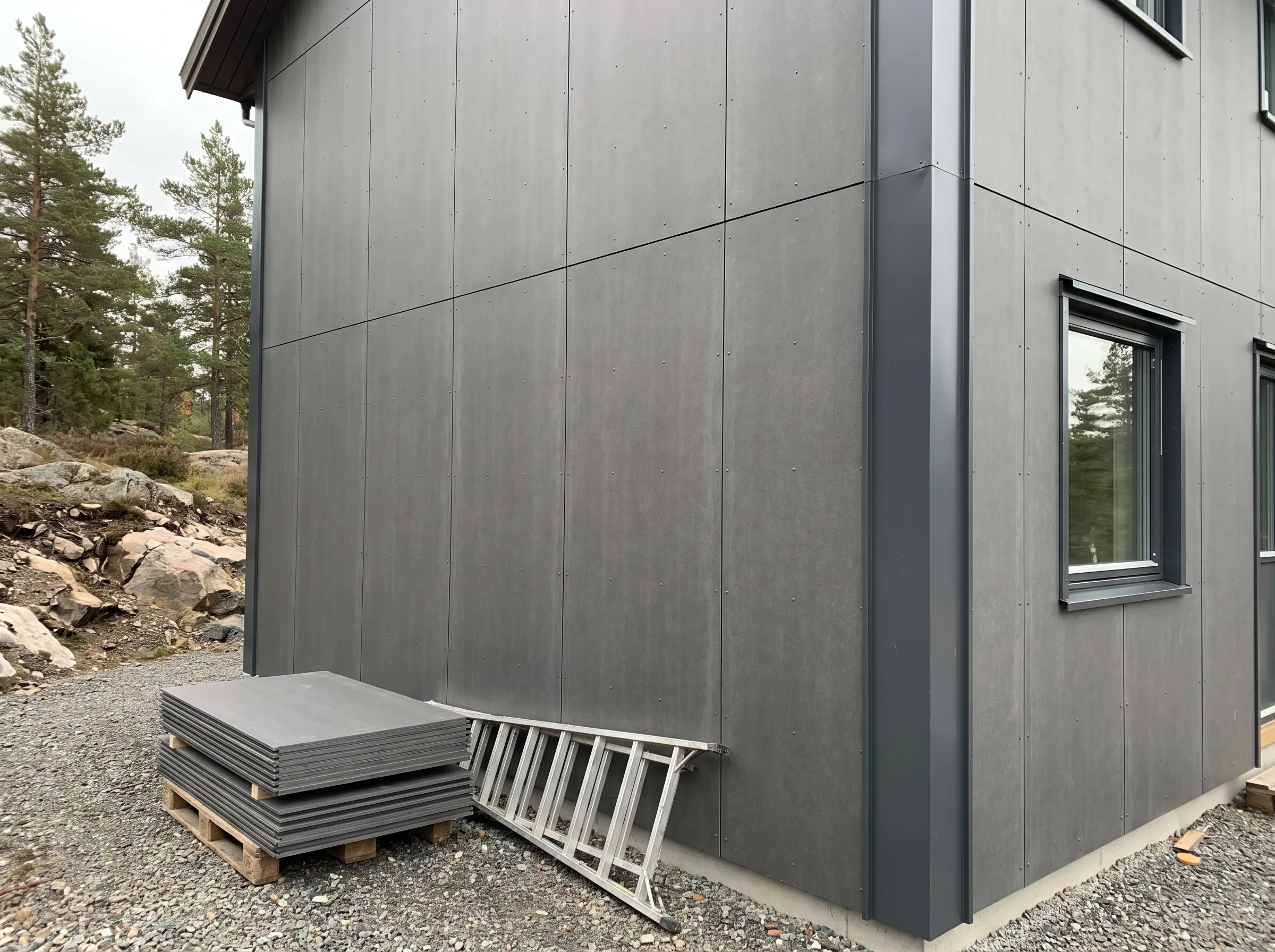 Montering av fasadeplater på bygning med grå kledning