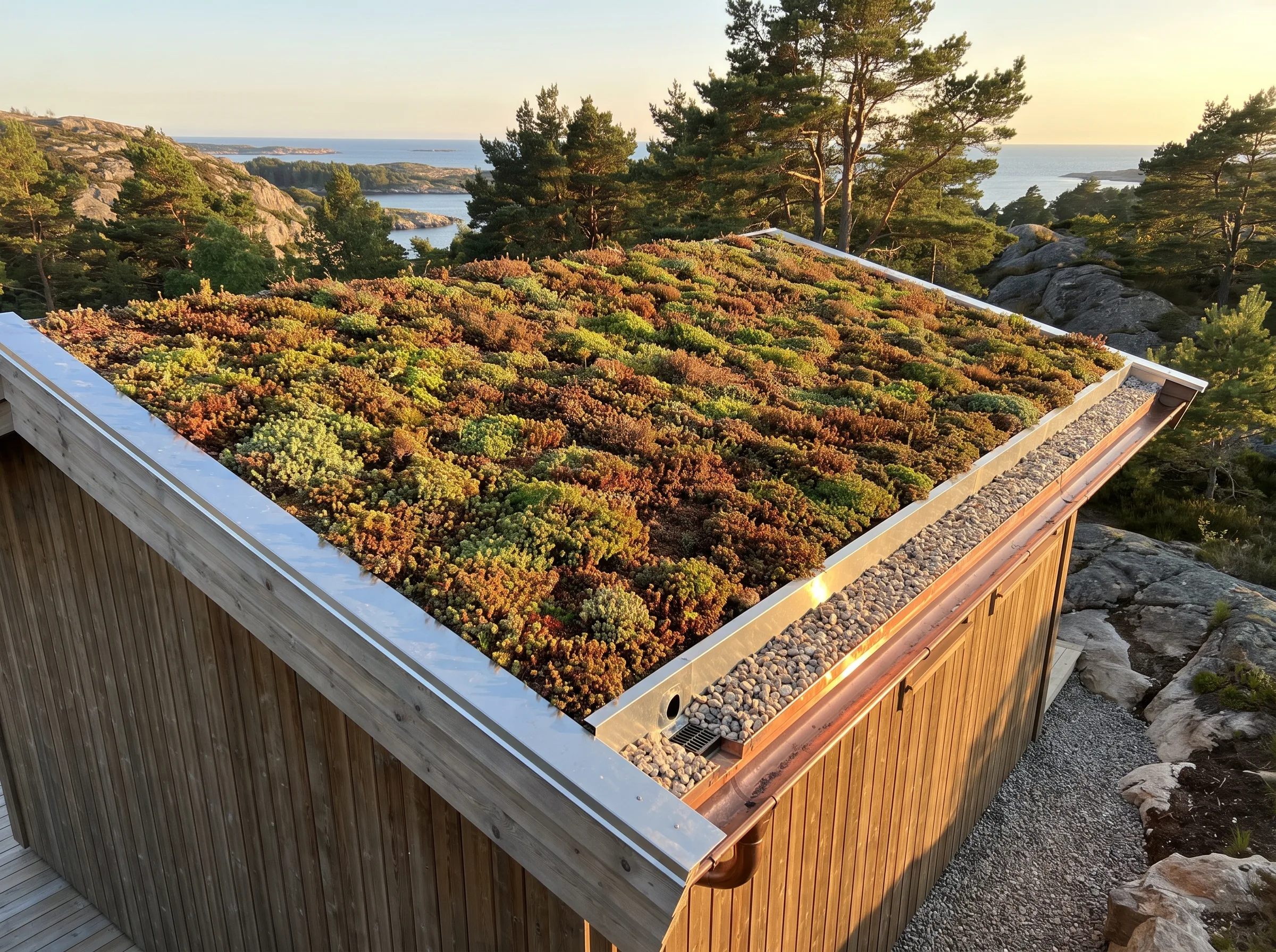 Sedumtak med grønt belegg på taket av en hytte i naturskjønn omgivelser