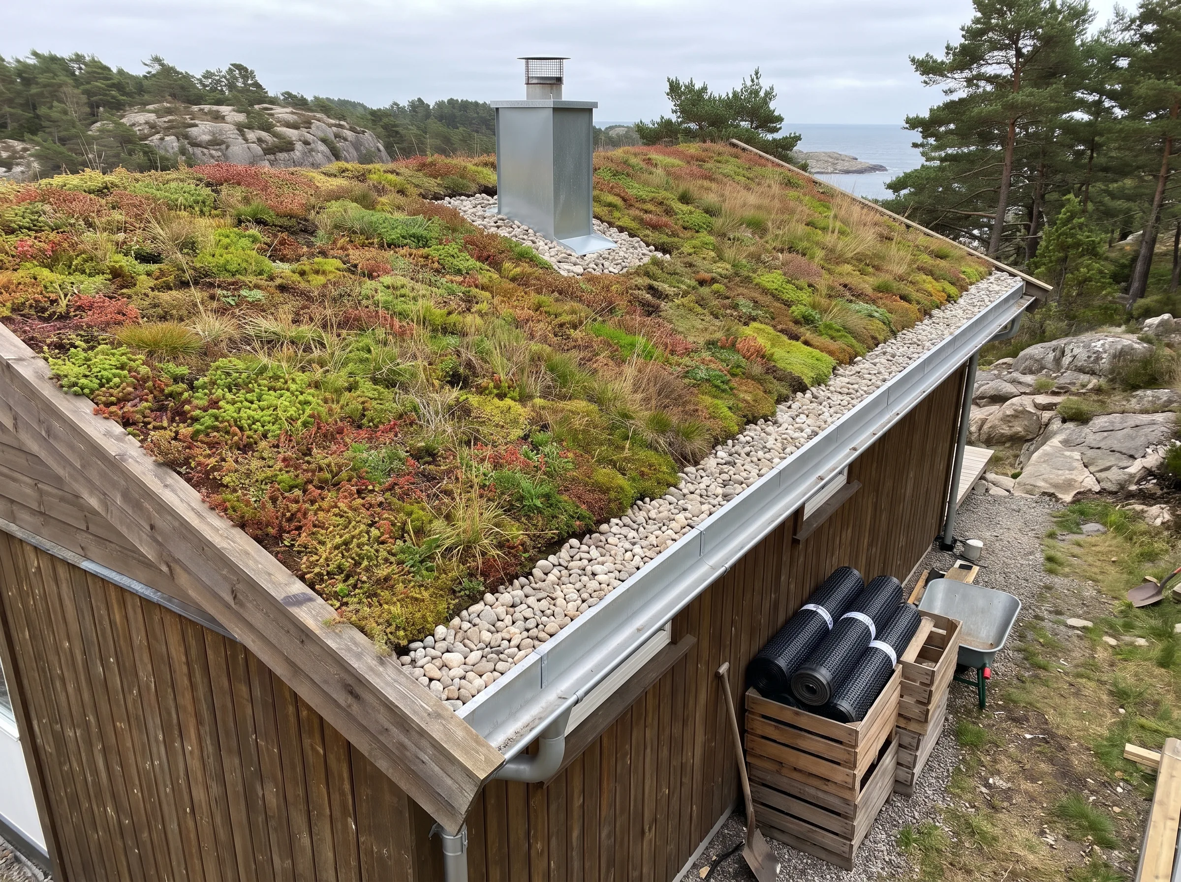 Grønt tak dekket med forskjellige planter på en moderne bygning