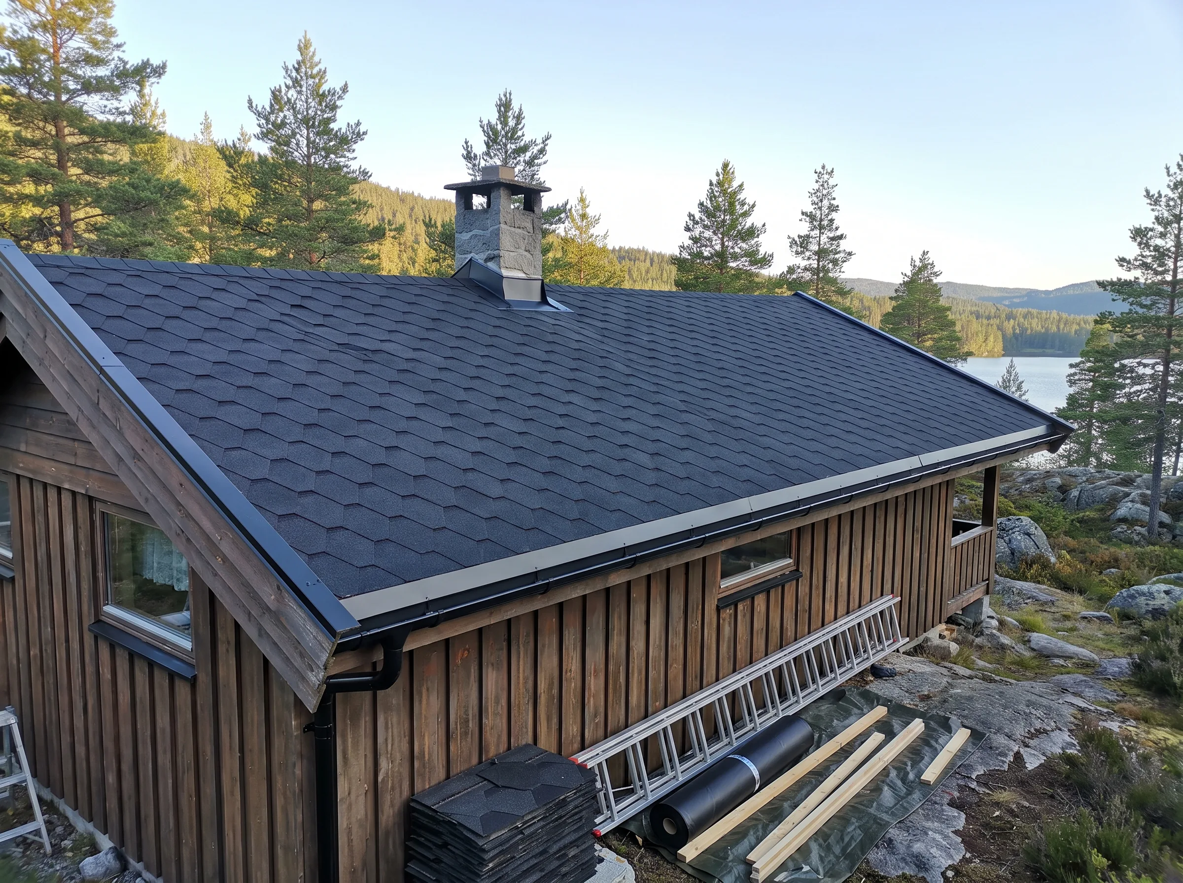 Takomlegging med moderne takstein på hytte i naturskjønt område