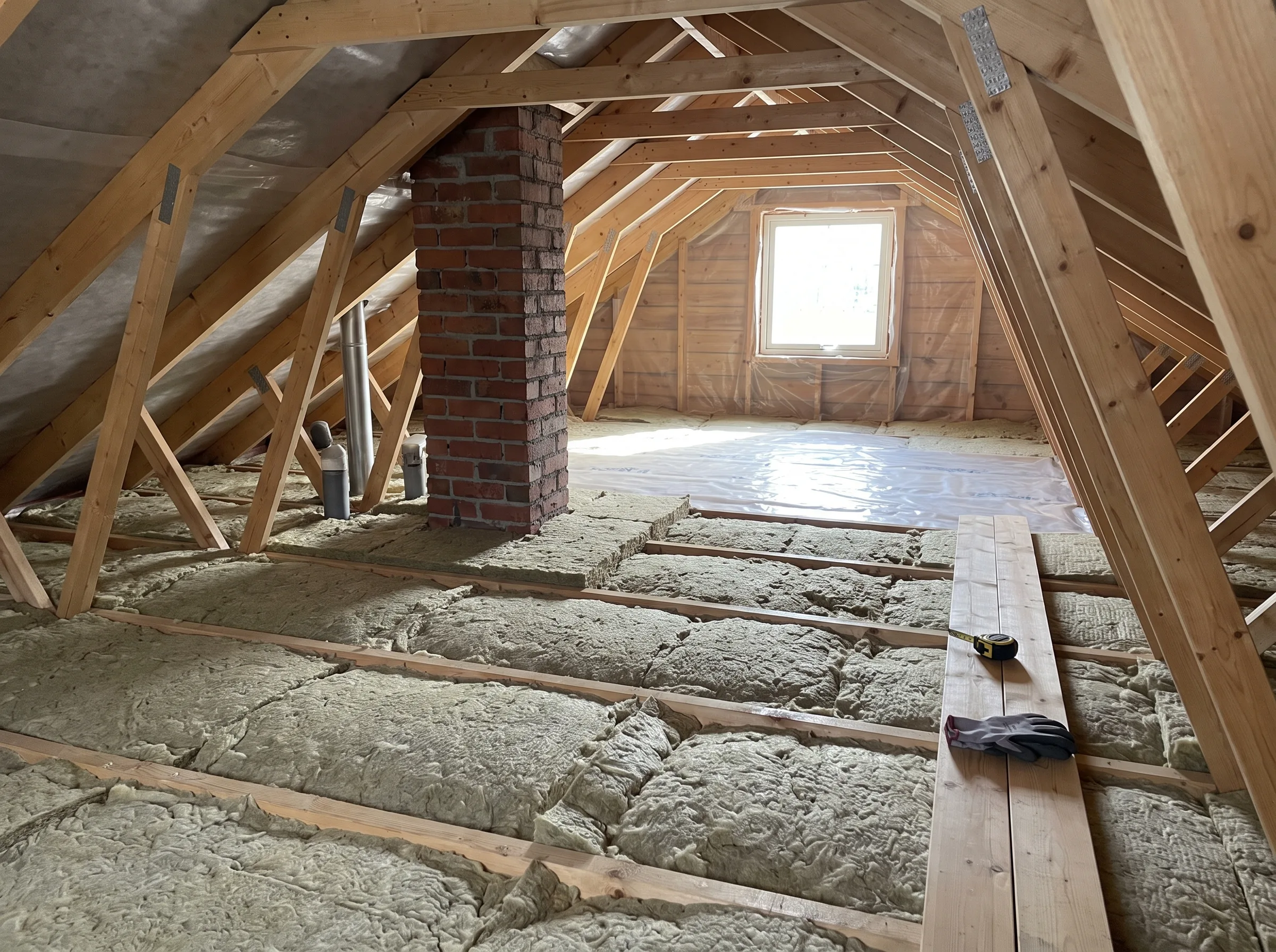 Inspeksjon av loft med isolasjon og takstoler