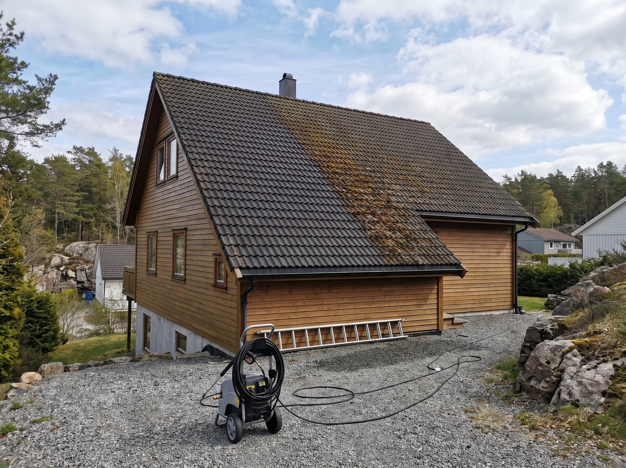 Huset med takstein viser tegn på mosefjerning og takvask