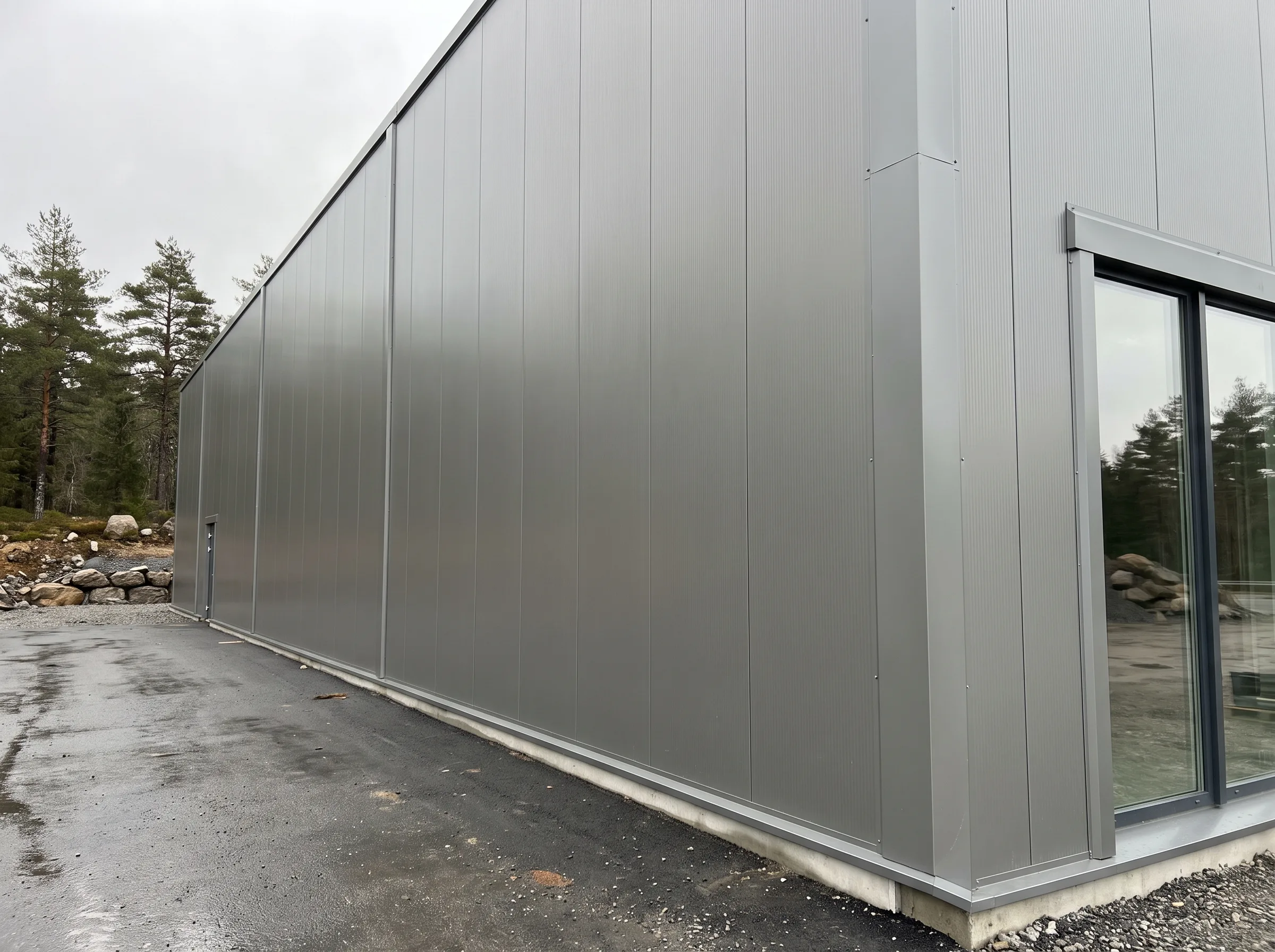 Fasadekledning i stål på moderne bygning med asfaltert område