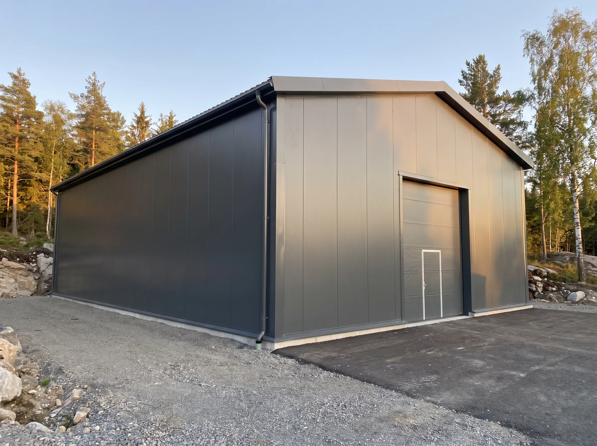 Moderne bygning med ståltak og veggpanel, omkranset av natur