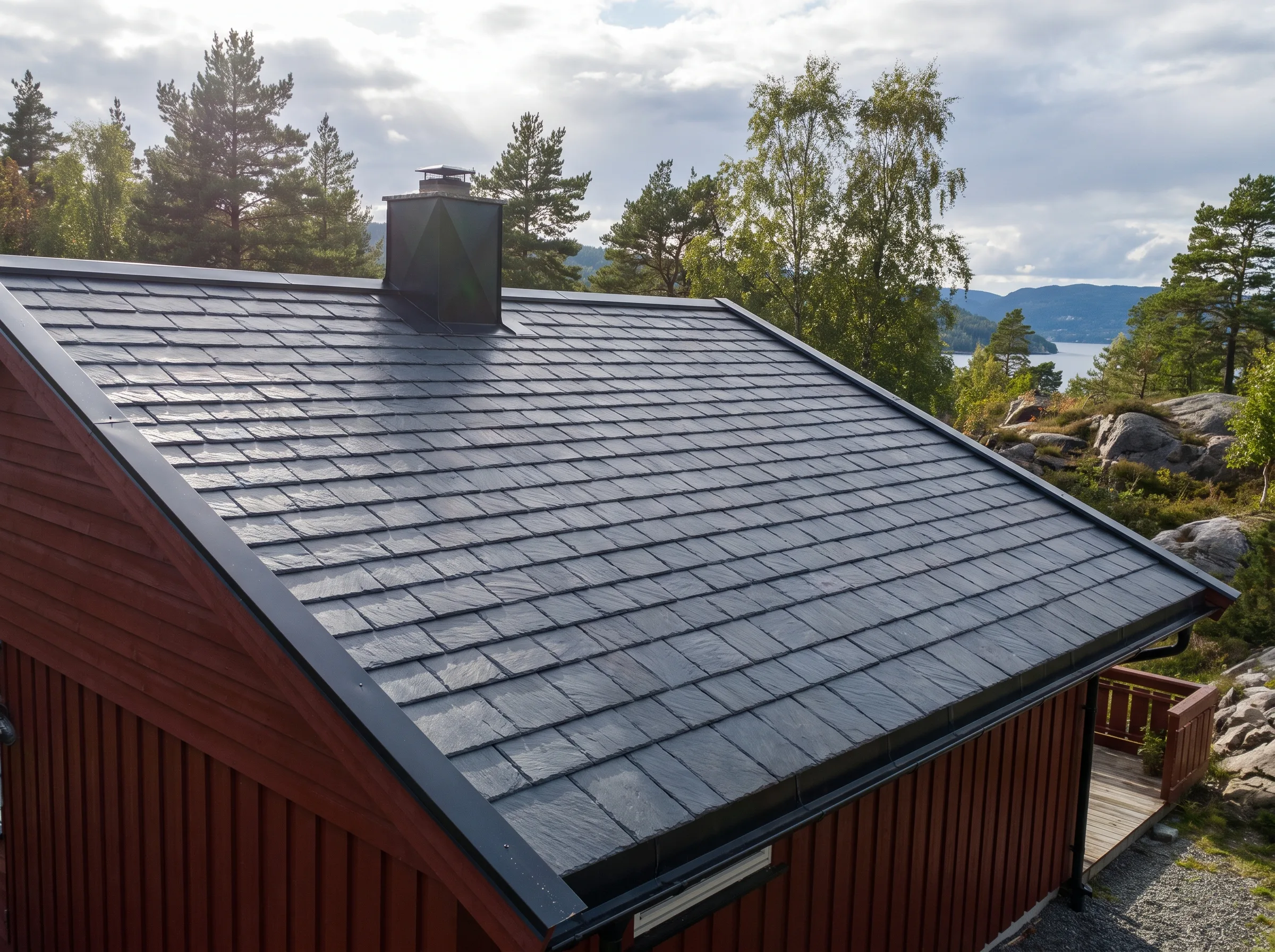 Nytt tak med skiferstein på hytte med flott naturutsikt