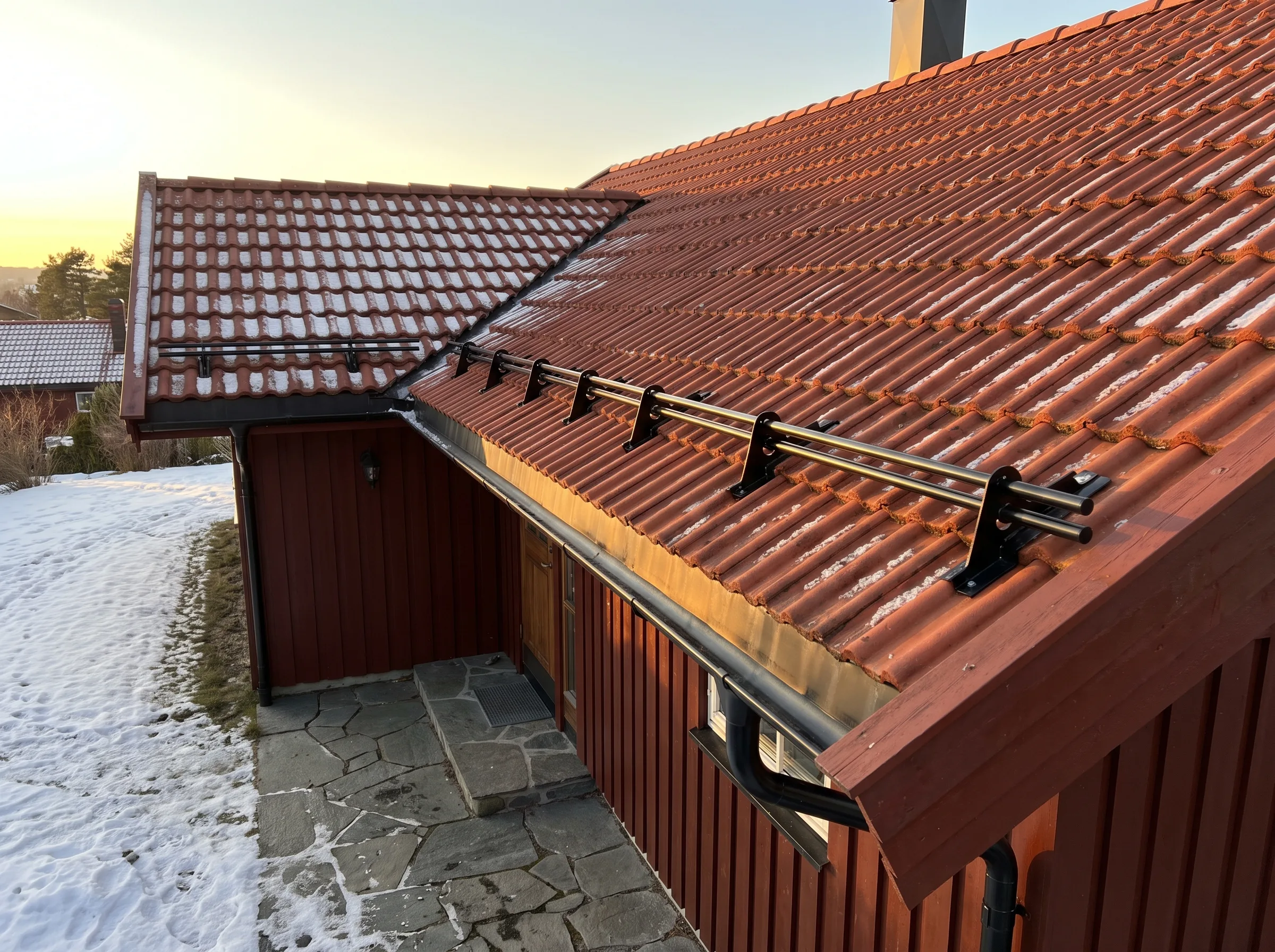 Vinkel tak med takstein og snøfangere installert, beliggende på en hytte