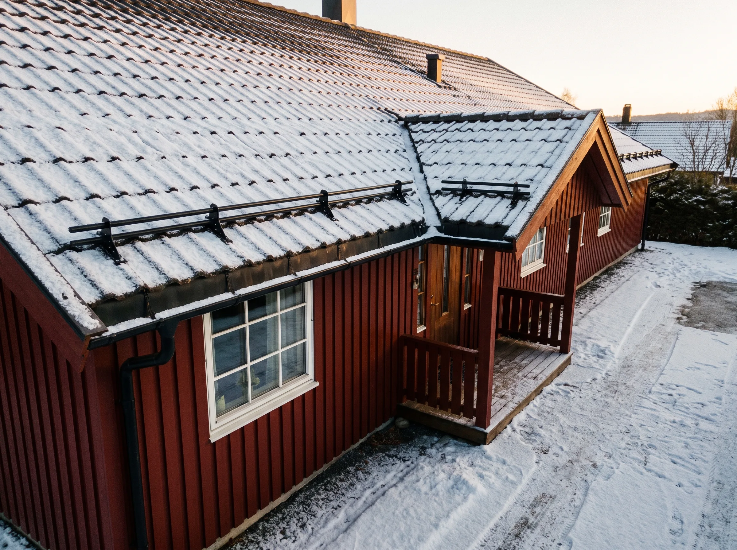 Tak med takstein og snøfangere på en rød hytte med vinterlandskap