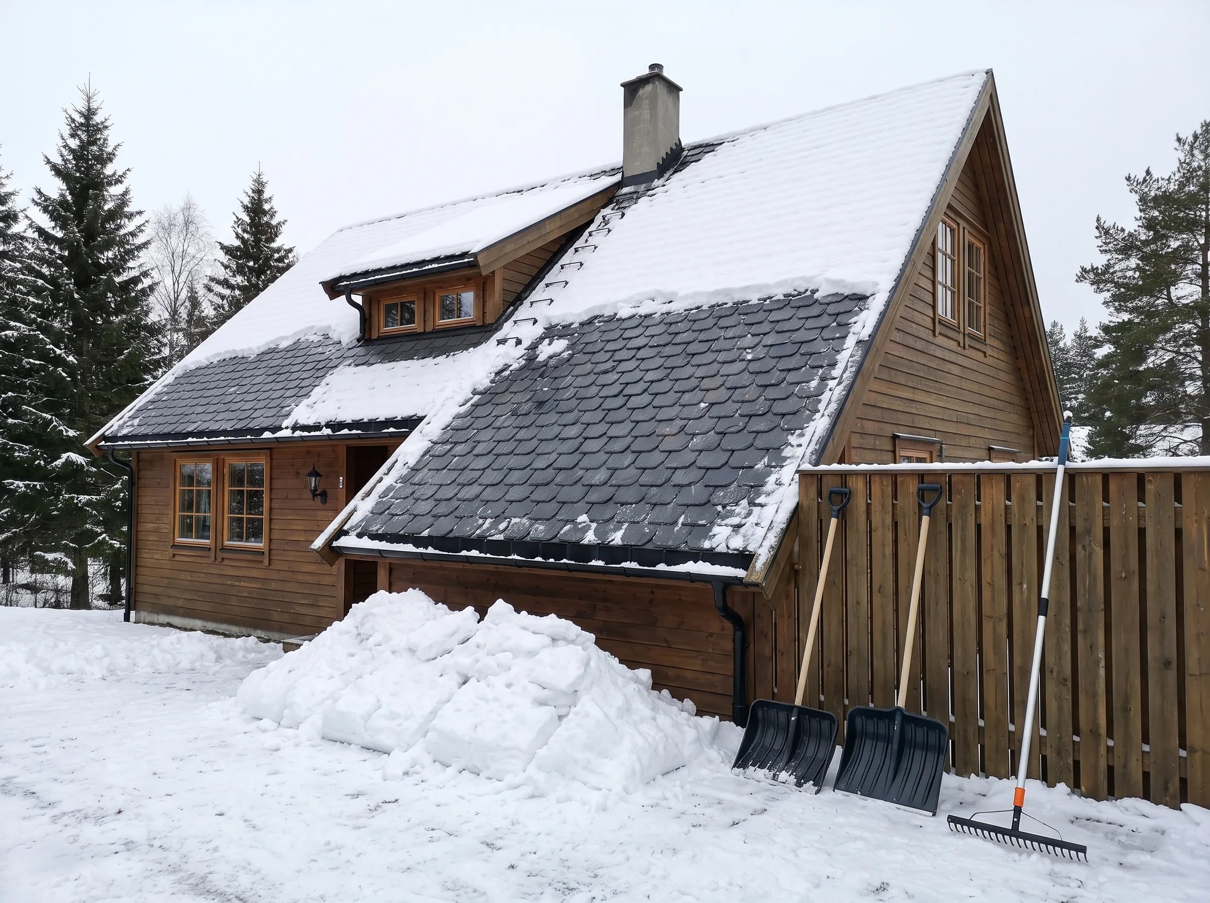 Hytte med tak av skifer og snørydding foran inngangen