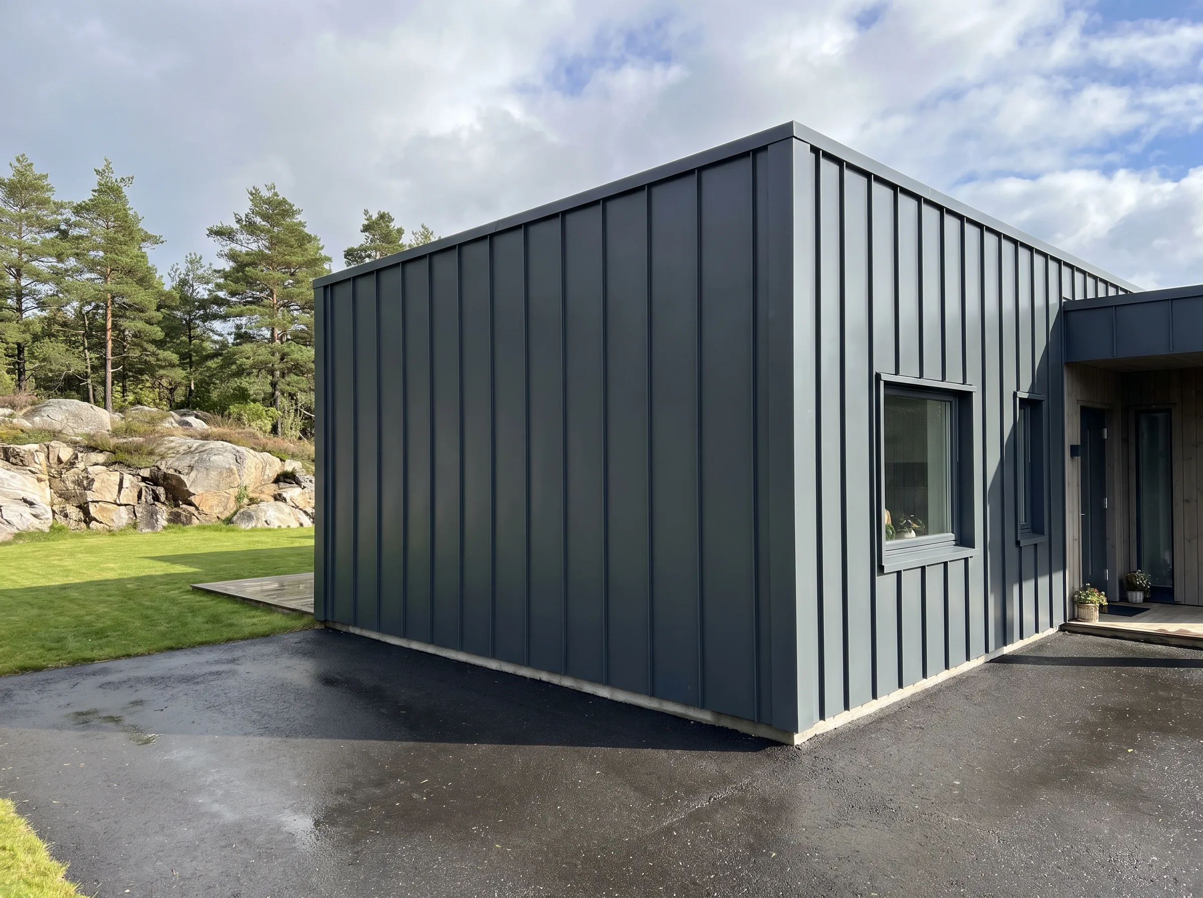 Moderne bygg med stålkledning og vindu, omringet av natur