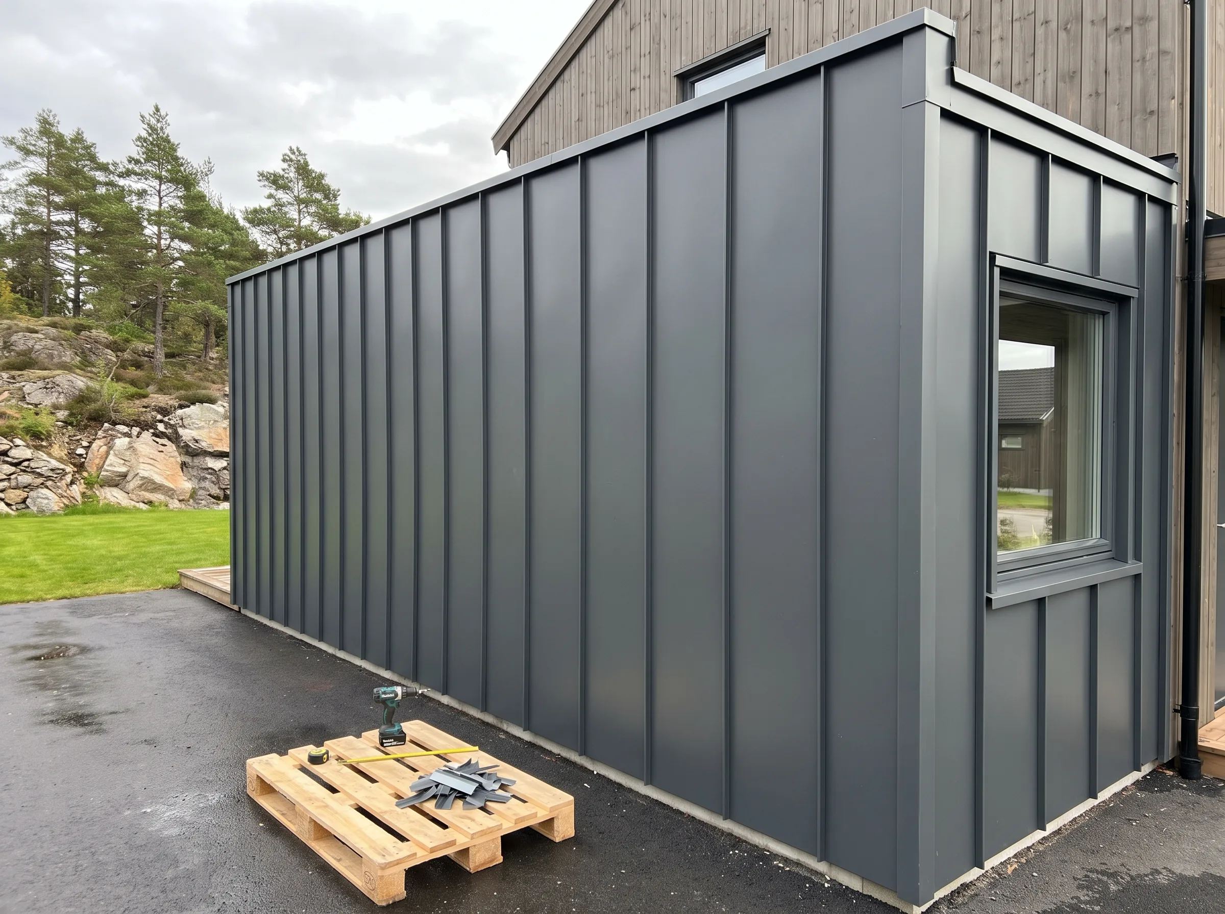 Fasadekledning i stål med vindu på moderne bygning, godt lys og klar utsikt