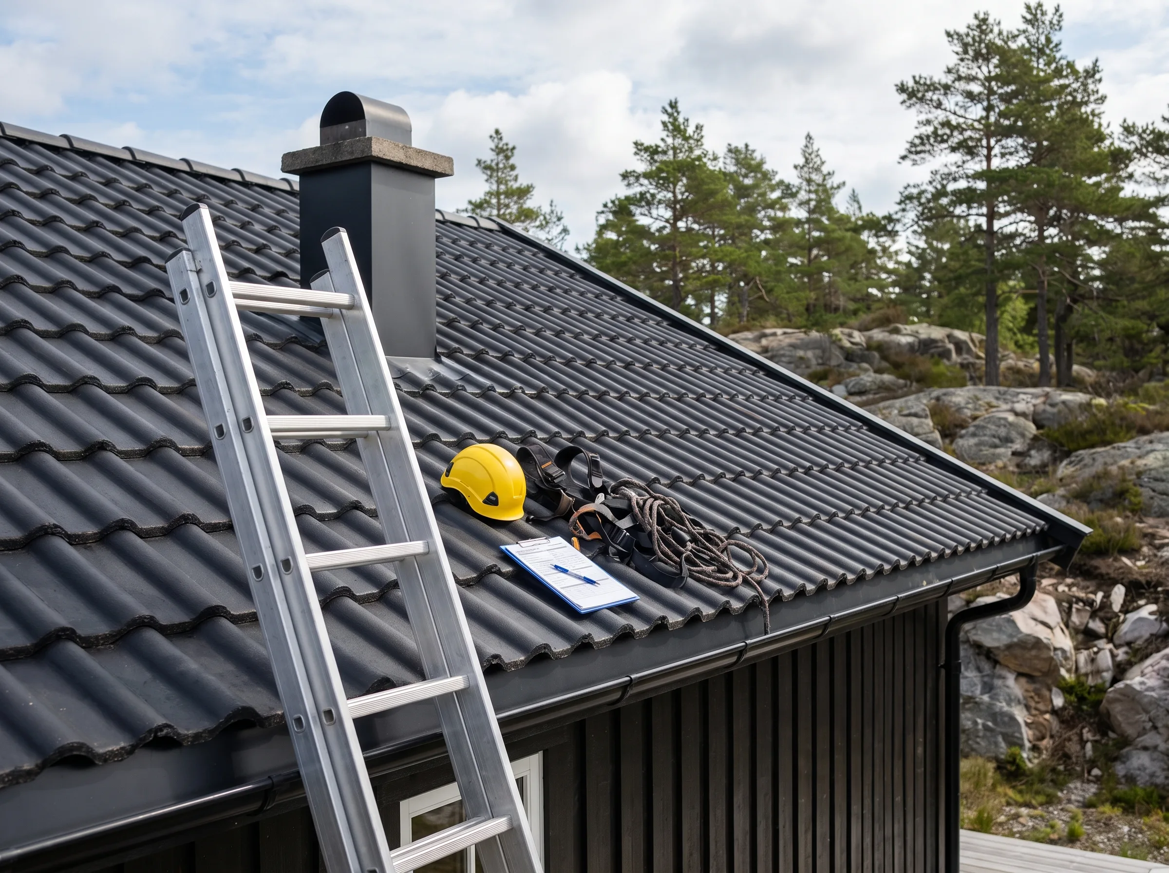 Arbeid på et tak med takstein, stige, verktøy og plansje