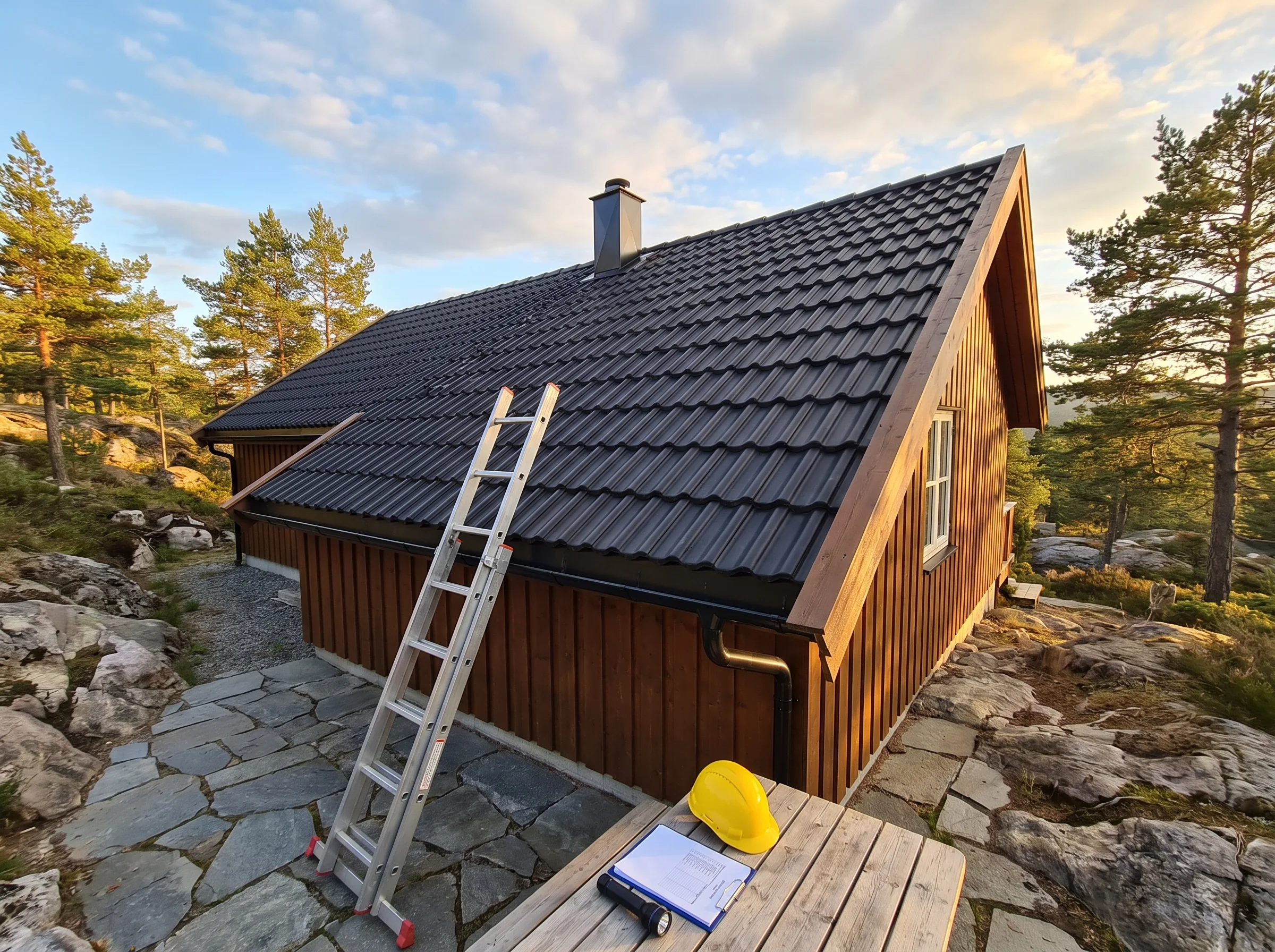 Hytte med nytt tak og stige for takinspeksjon
