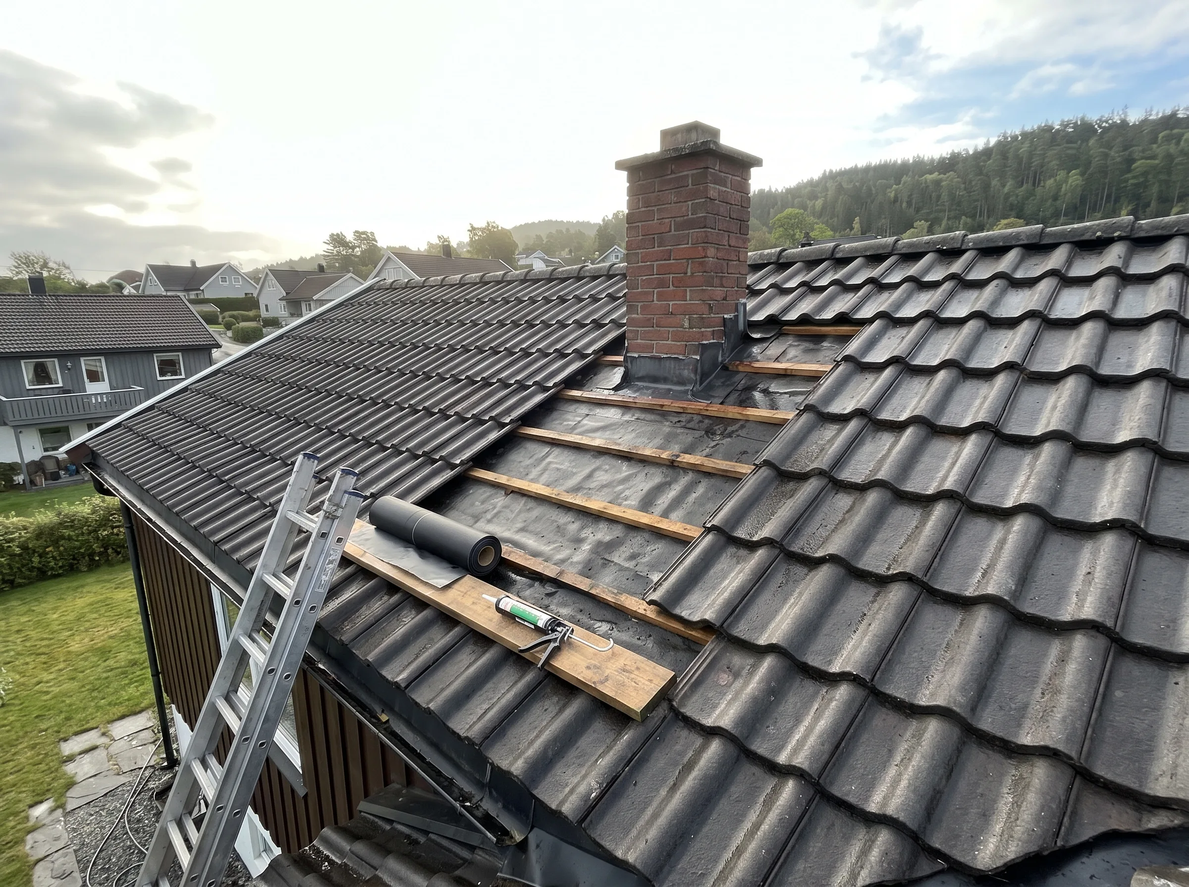 Montering av takstein med en murpipe i bakgrunnen