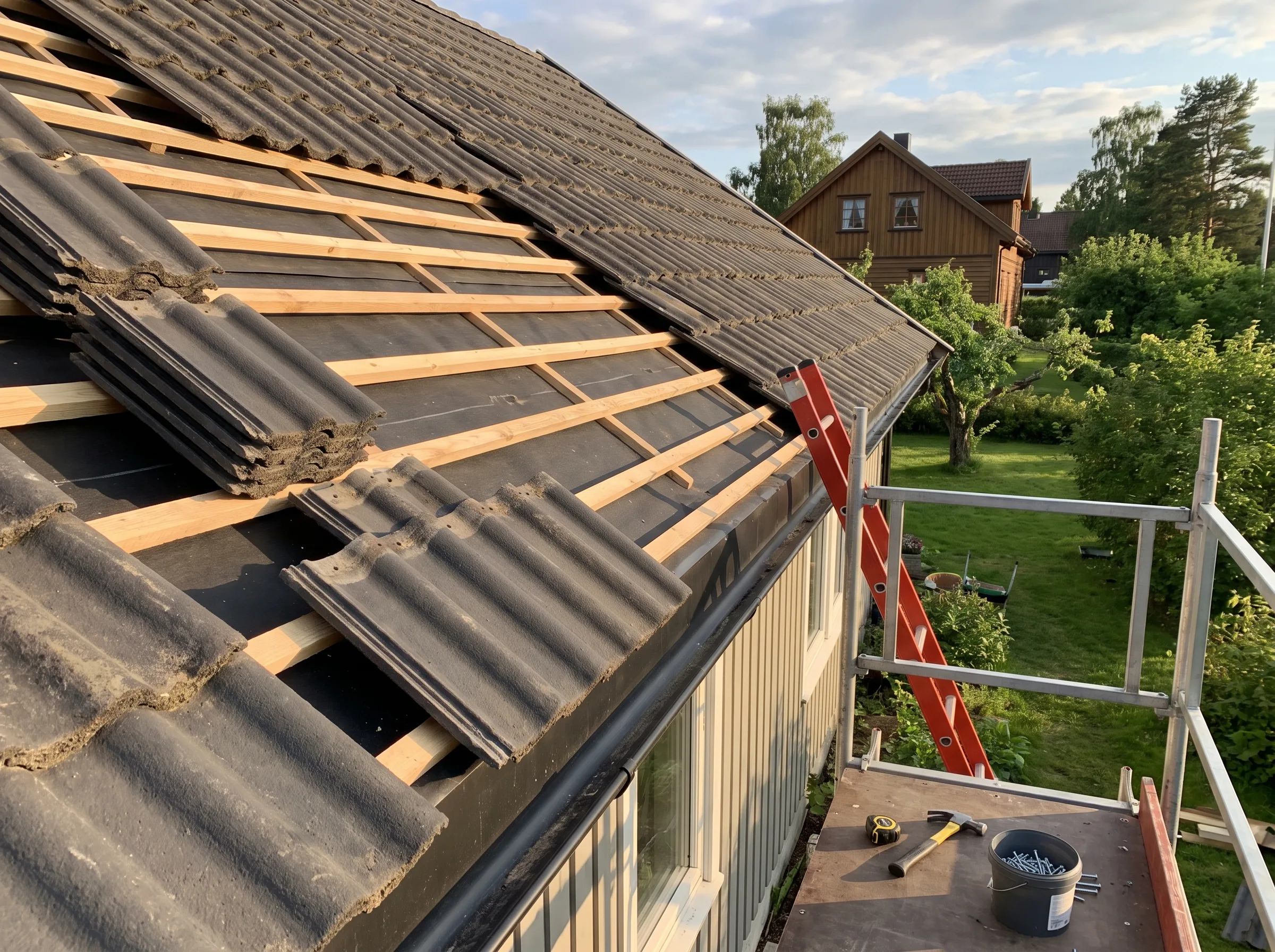Montering av takstein på skråtak med stillas i bakgrunnen