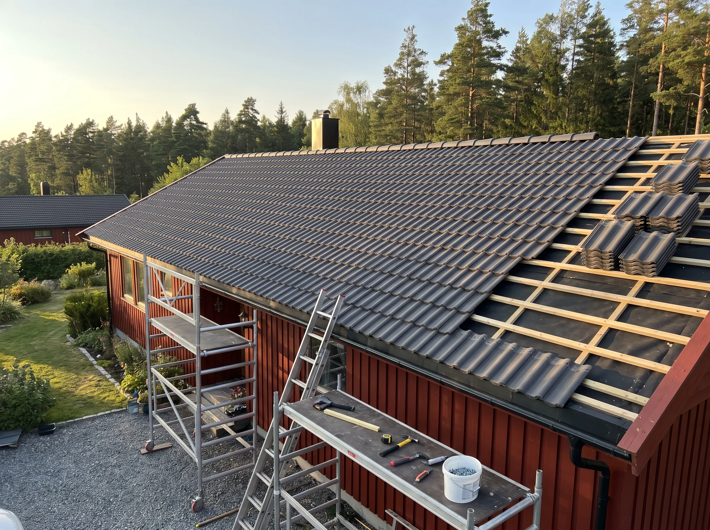 Montering av takstein på et hus med stillas i forgrunnen