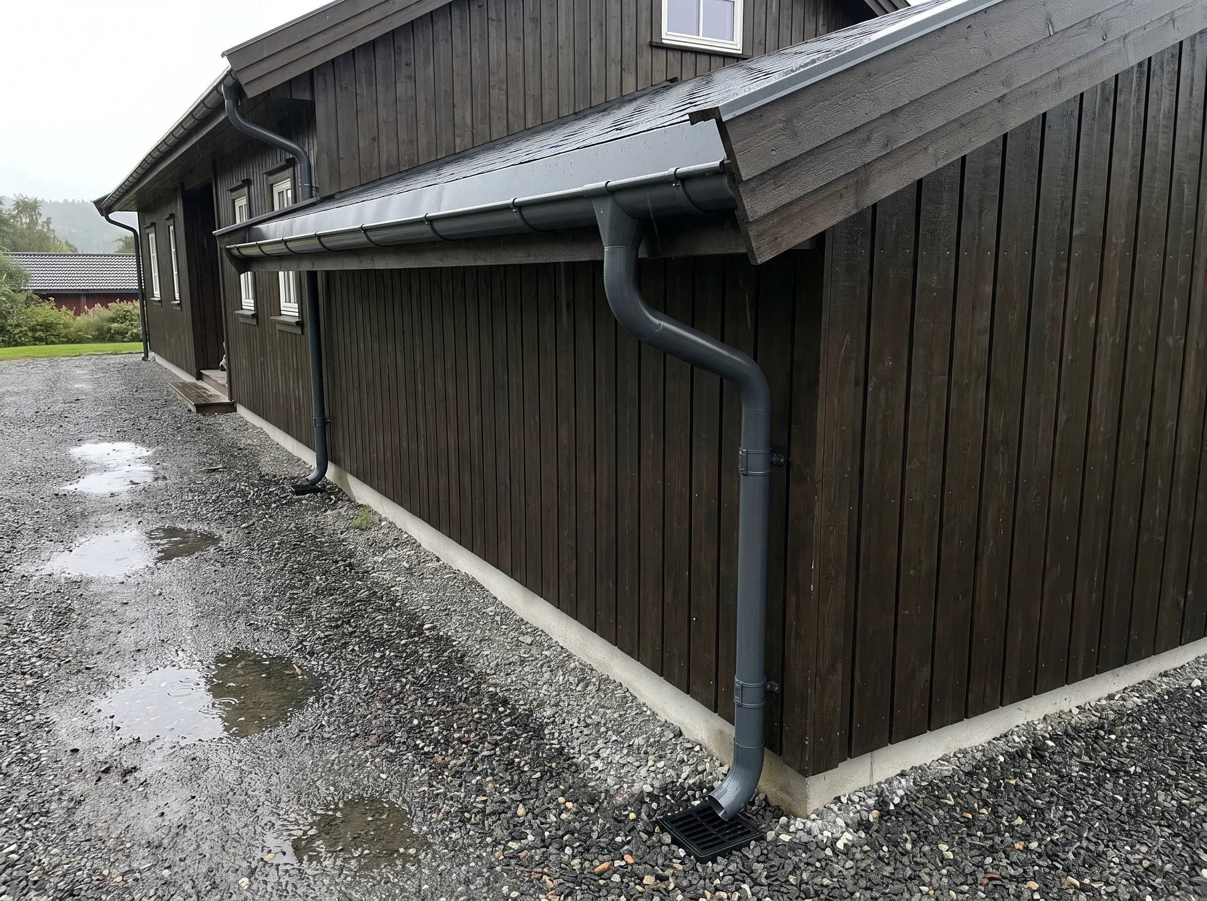 Takrenner og nedløpsrør på trehytte med mørk kledning