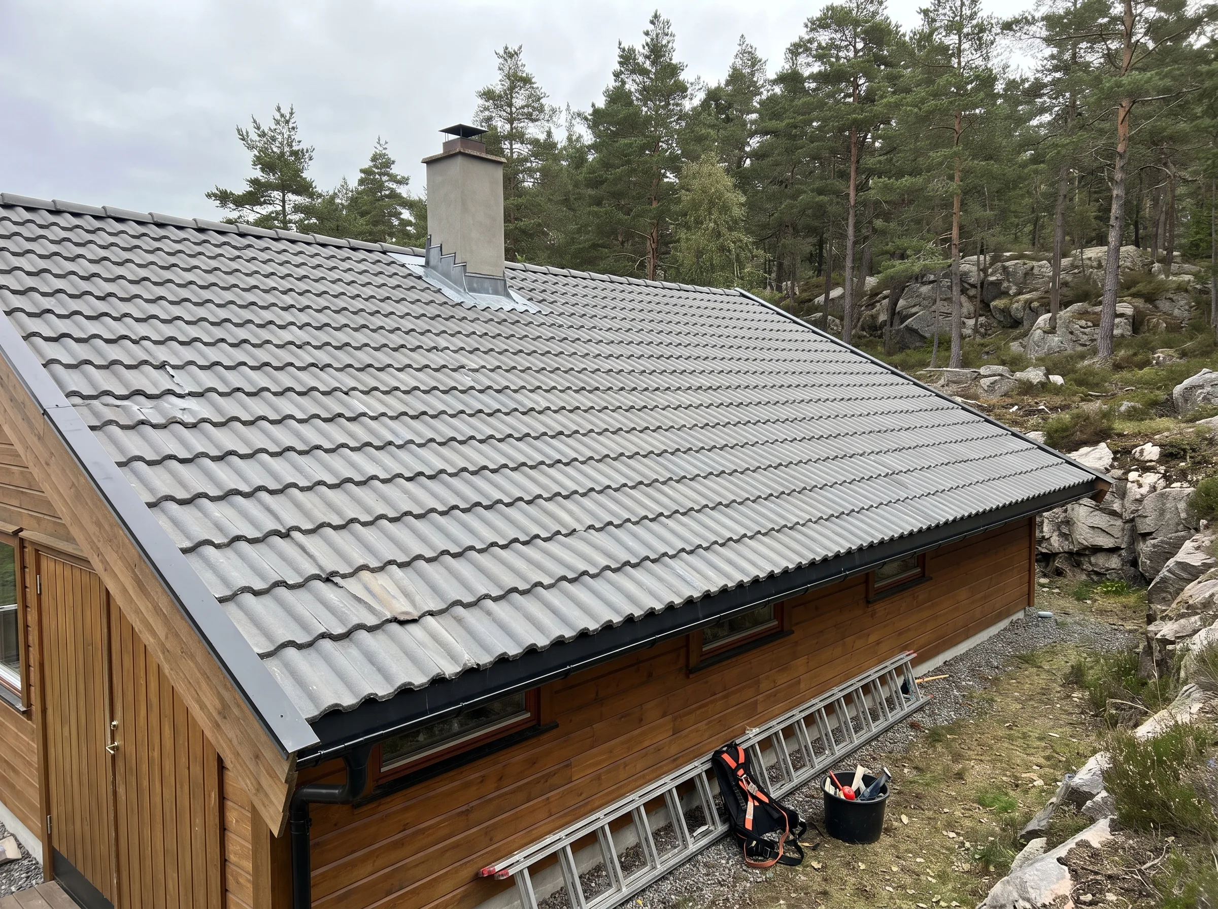 Tak med takstein på en hytte med en pipe og omgivende trær
