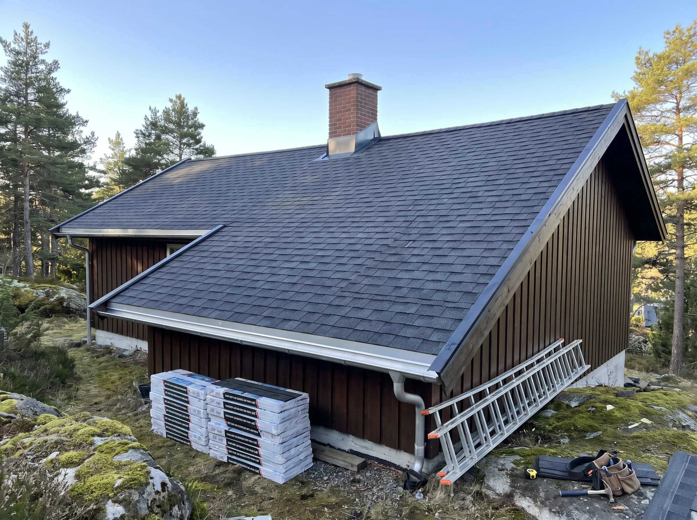Skråtak med takshingel og peis, omgivelsene har trær og steiner