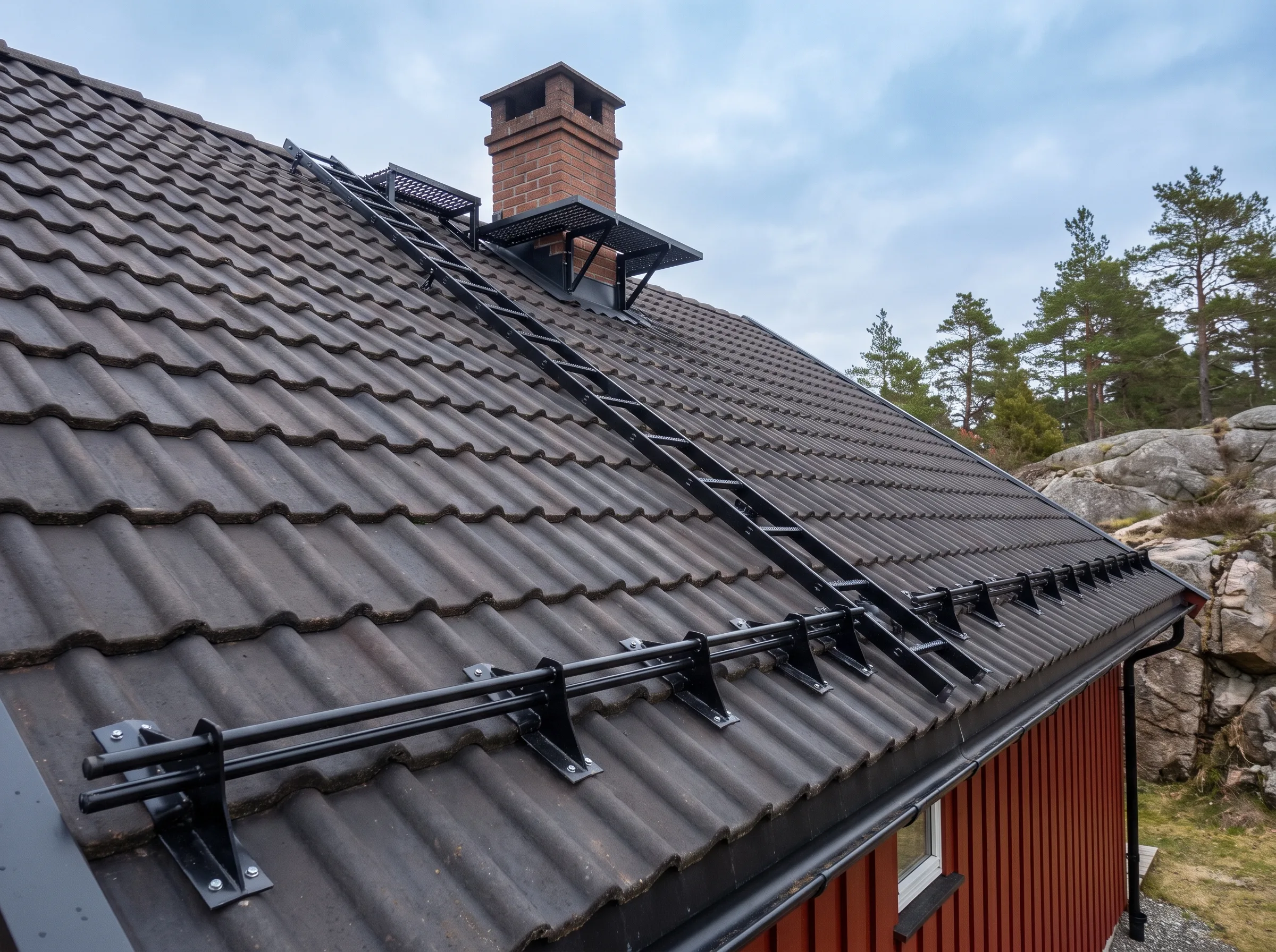 Tak med takstein og snøfangere på et hus med murpeis