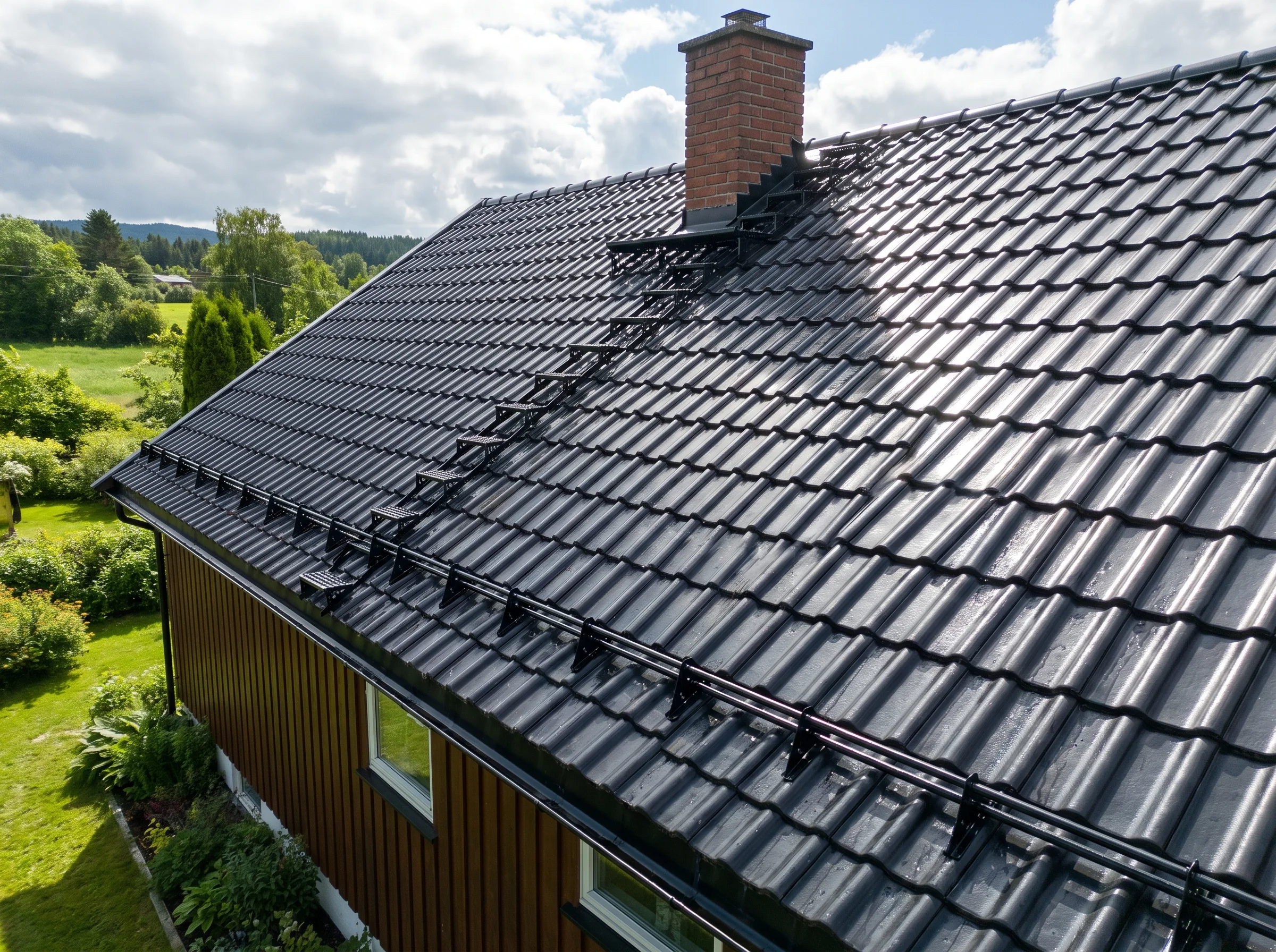 Takomlegging av takstein og pipebeslag på et hus