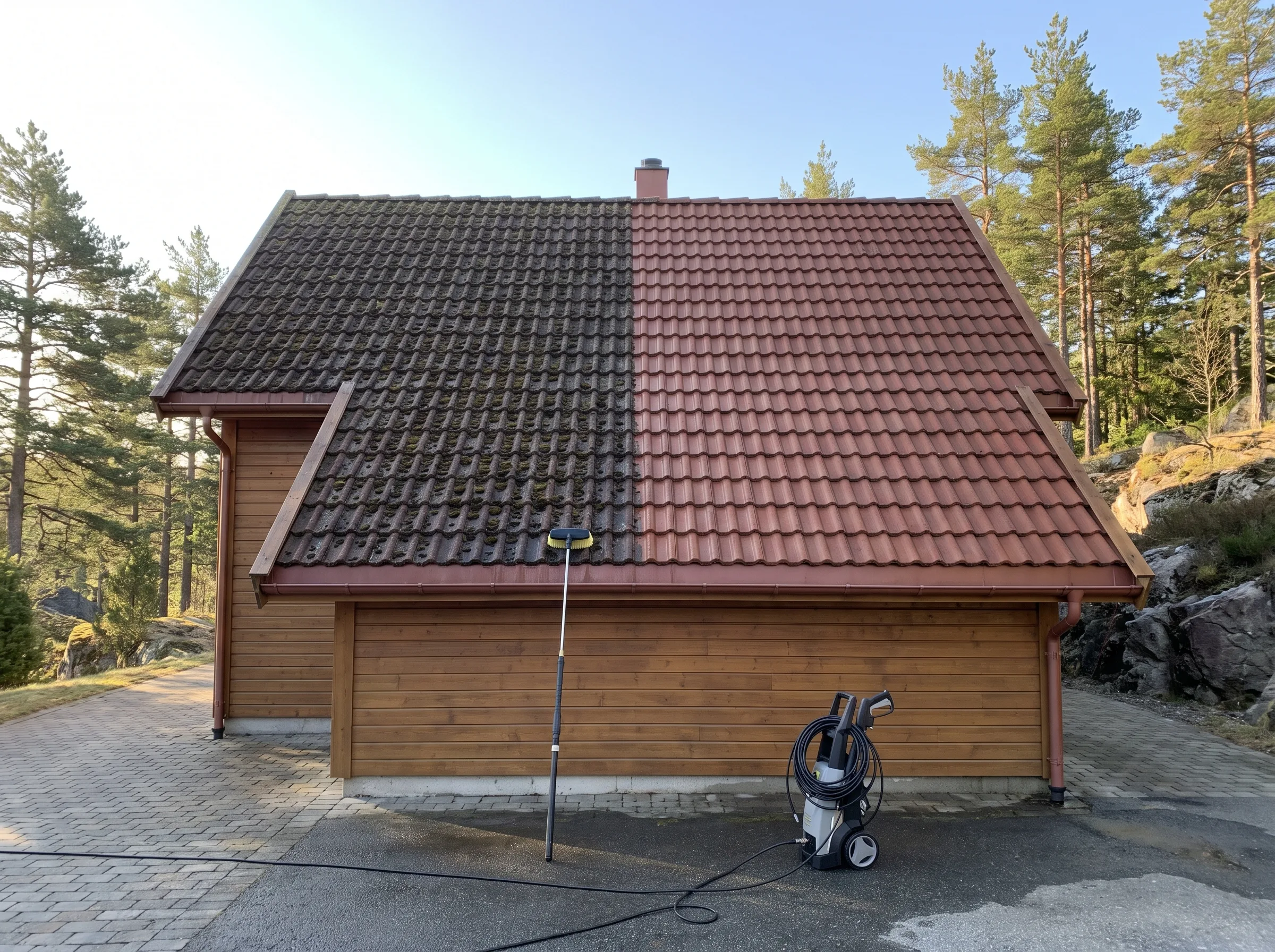 Takvask av takstein med tydelig forskjell før og etter rengjøring
