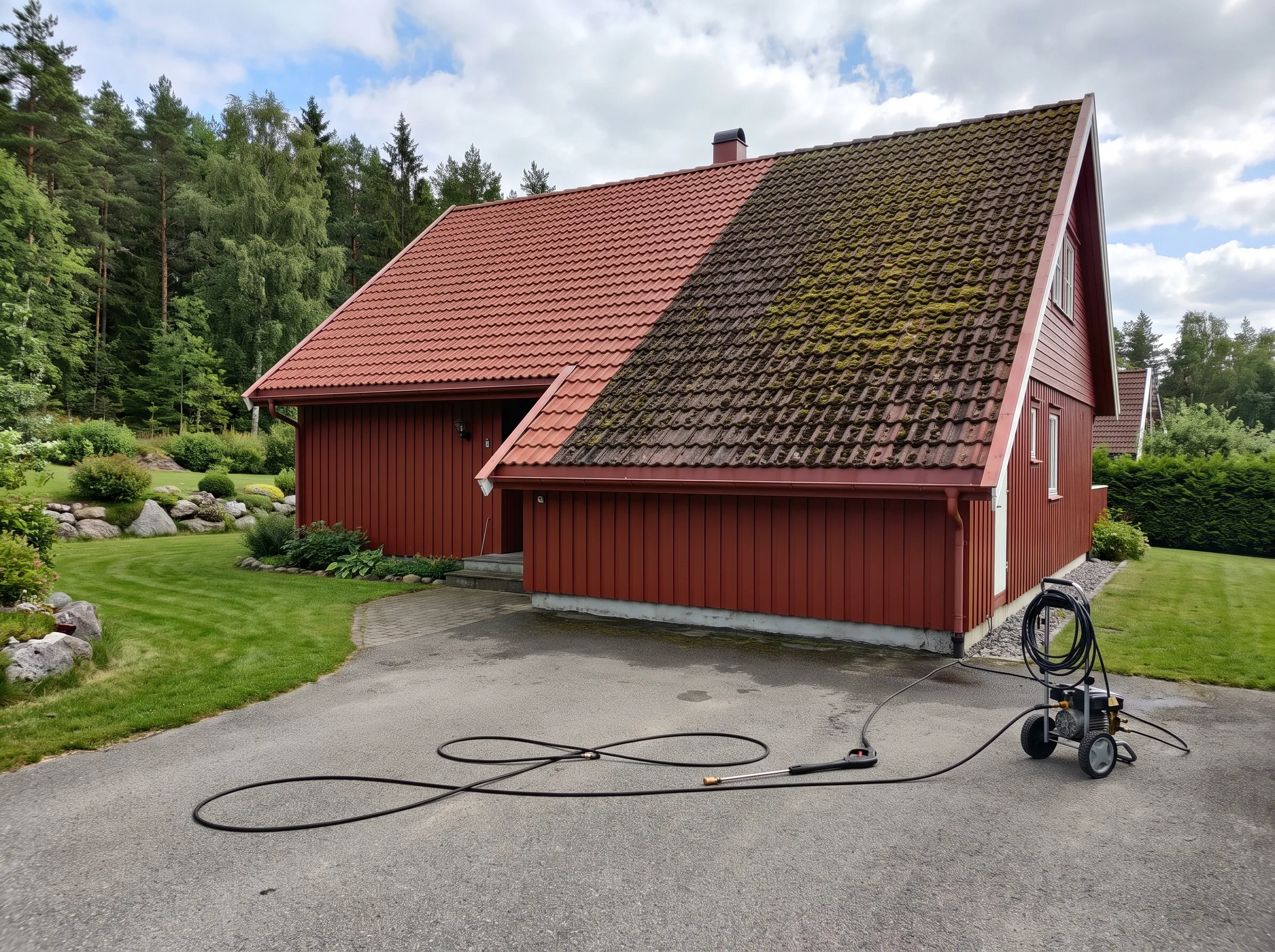 Takvask av tak med moseremovering på rød hytte