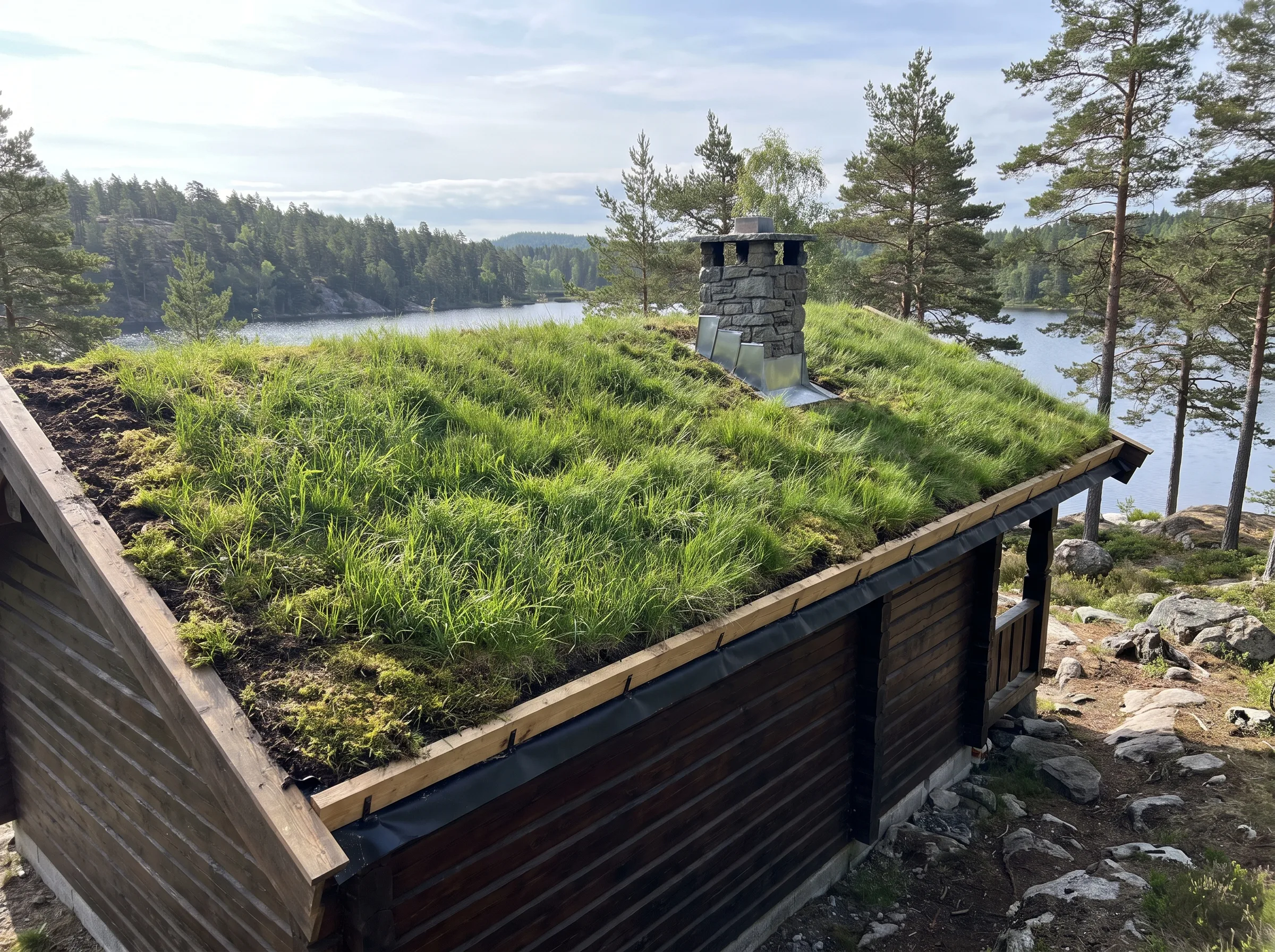 Grønt tak på hytte med gress og steinkamin, utsikt over innsjø