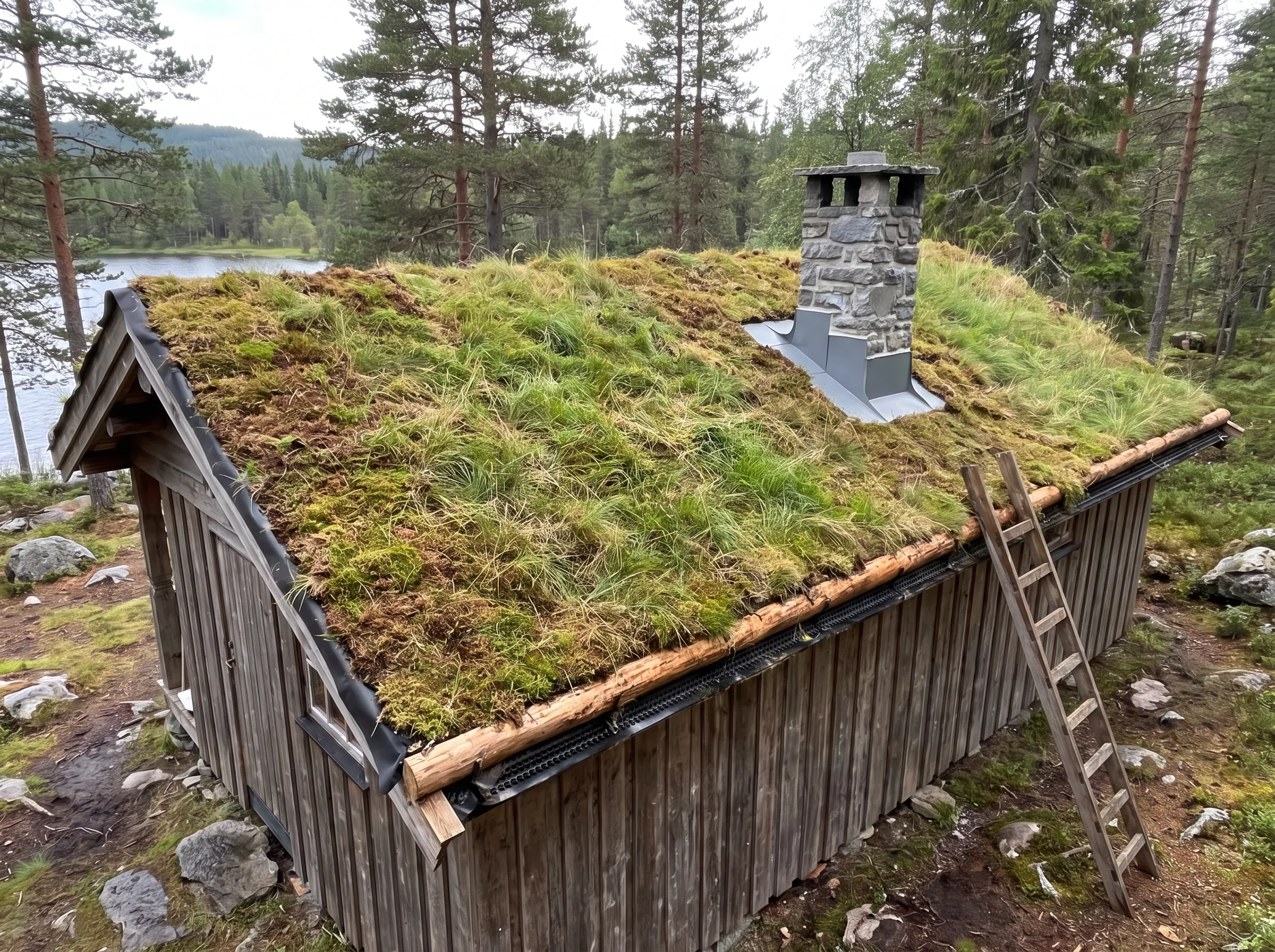 Tak med torvtak og pipe på en hytte i skogen