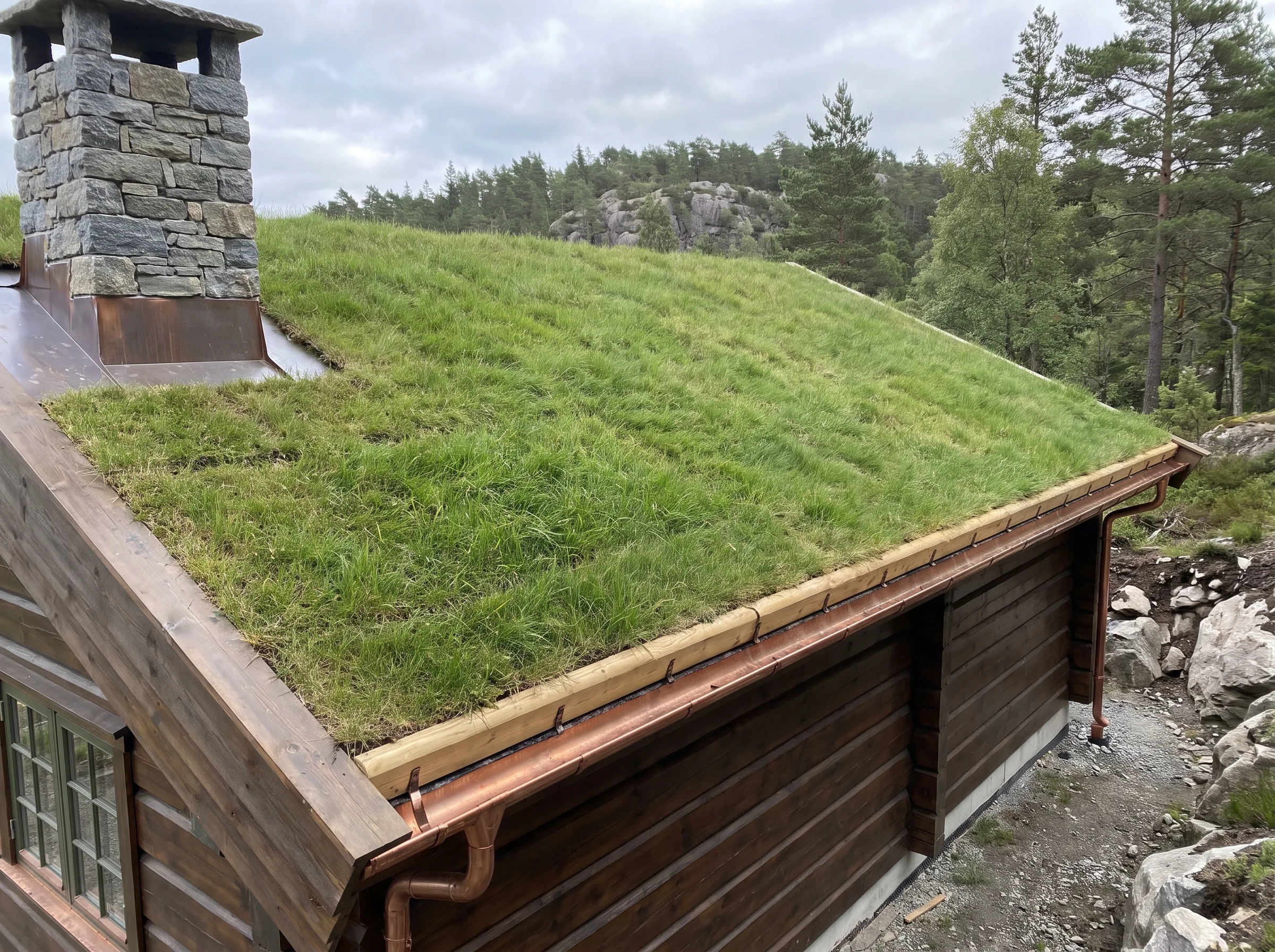 Sedumtak med grønt tak på en hytte, godt vedlikeholdt og med steinpipe