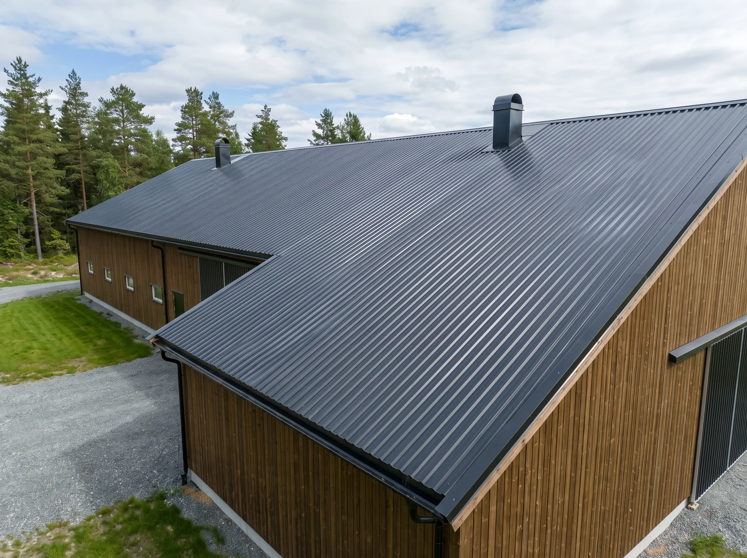 Tak med ståltak på moderne hytte med naturbakgrunn