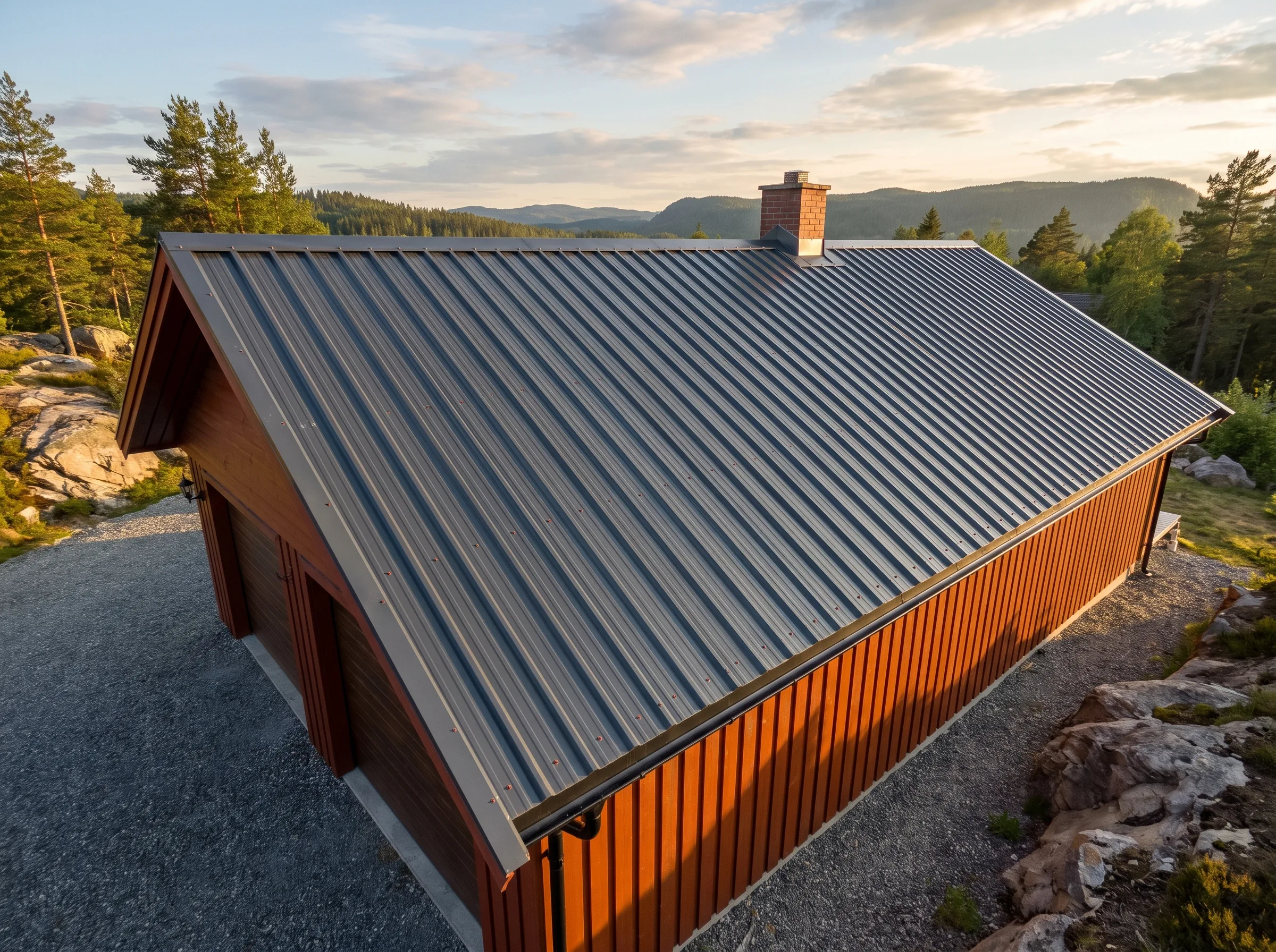 Nytt ståltak på hytte med naturskjønn bakgrunn